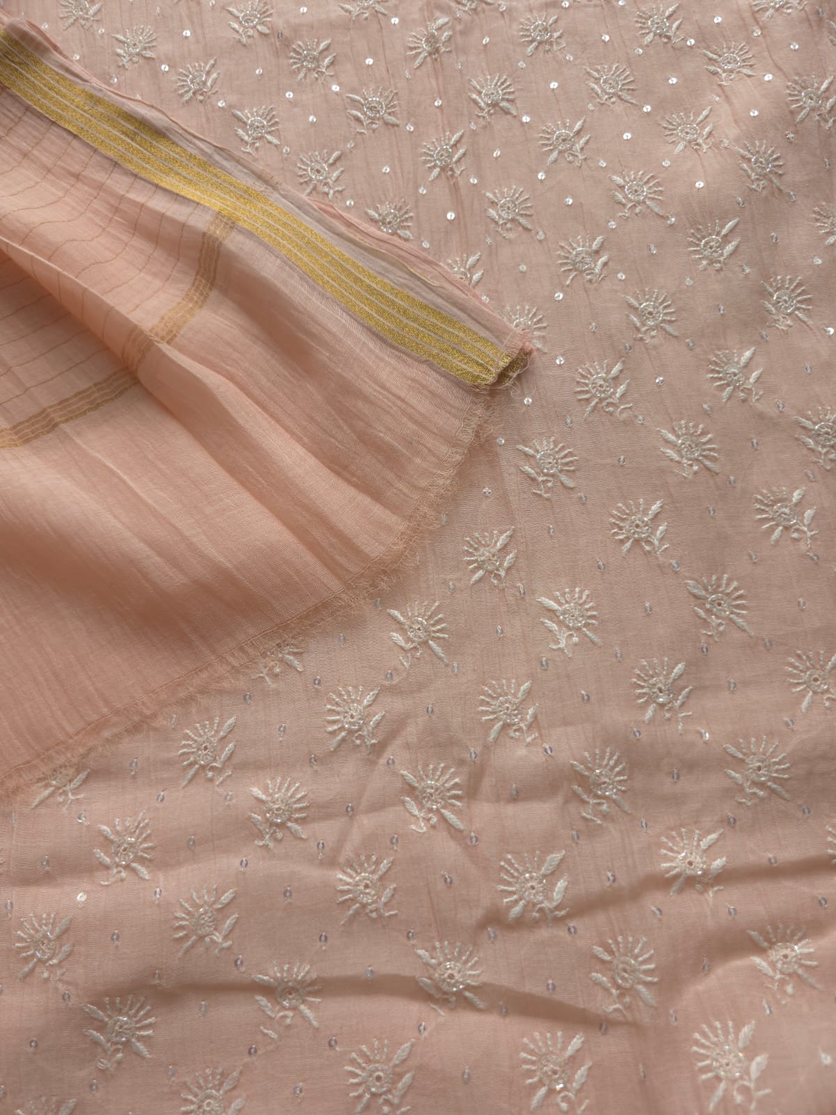 Pastel Peach Mul chanderi kurta dupatta set with chikan and add on
