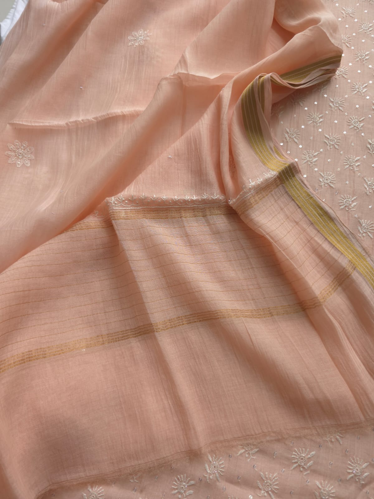 Pastel Peach Mul chanderi kurta dupatta set with chikan and add on