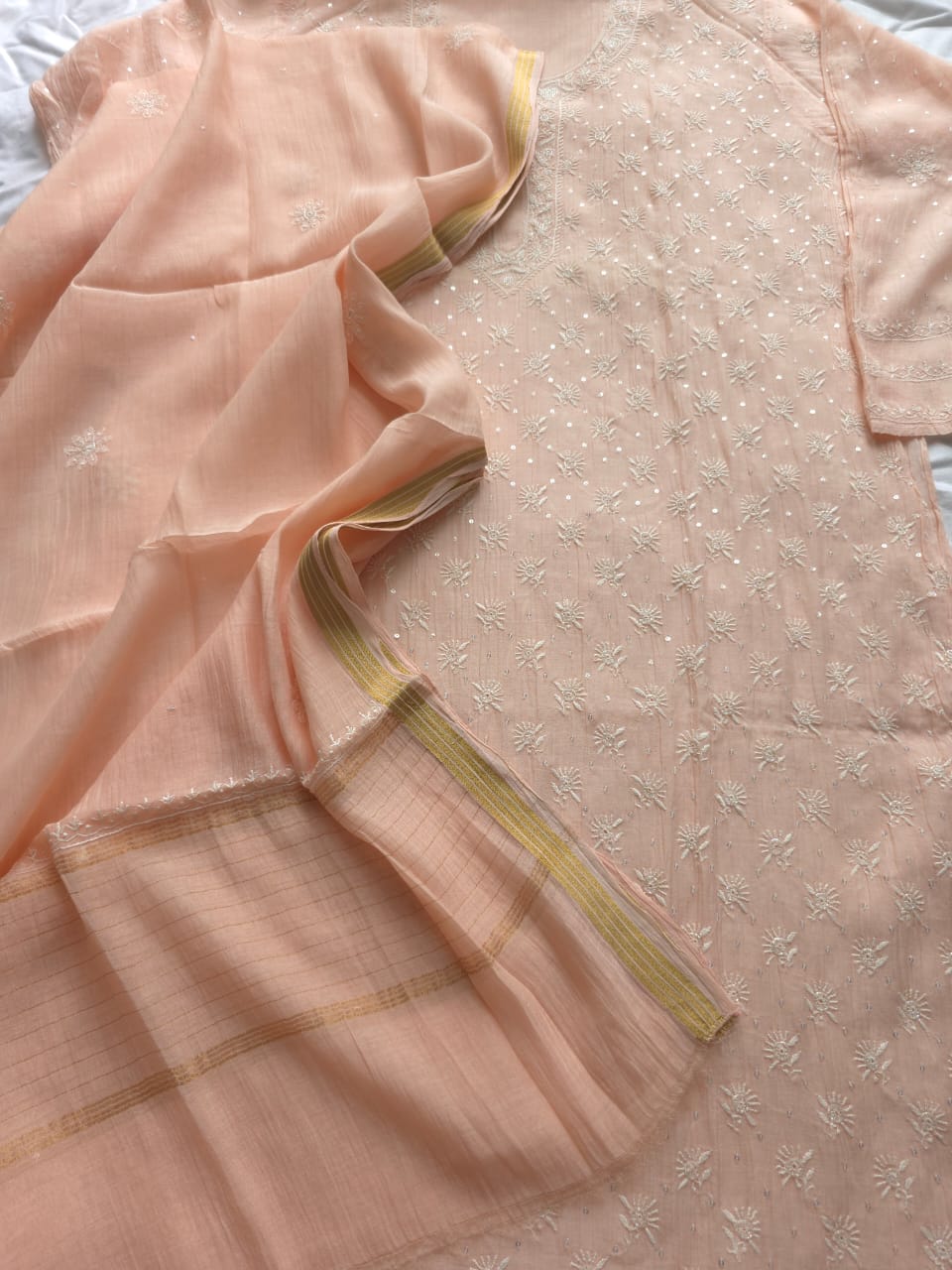 Pastel Peach Mul chnaderi kurta dupatta seti with chikan and add on