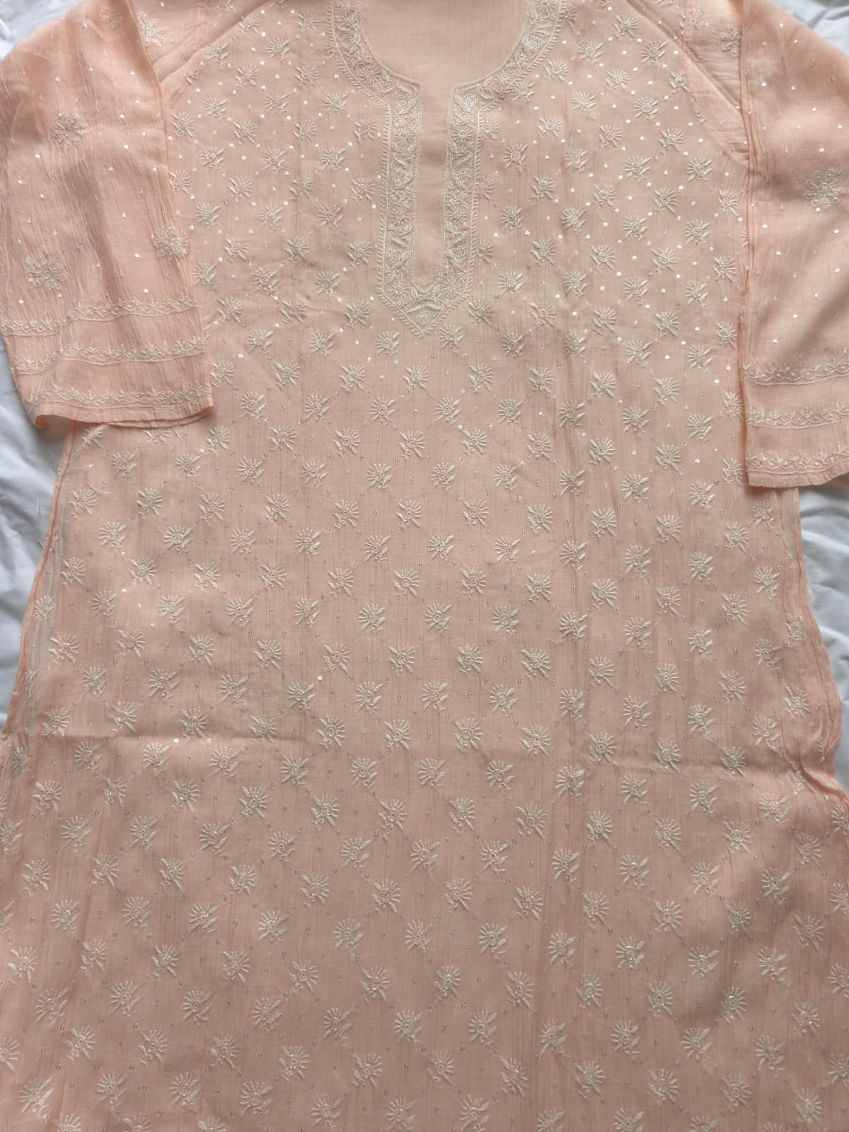Pastel Peach Mul chanderi kurta dupatta set with chikan and add on