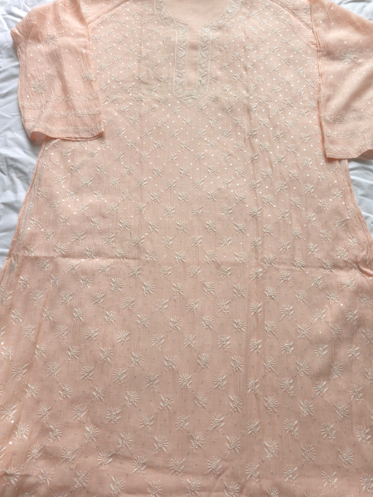 Pastel Peach Mul chanderi kurta dupatta set with chikan and add on