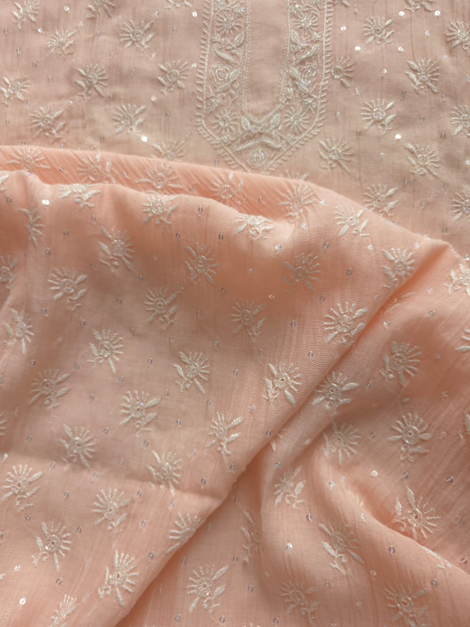 Pastel Peach Mul chanderi kurta dupatta set with chikan and add on