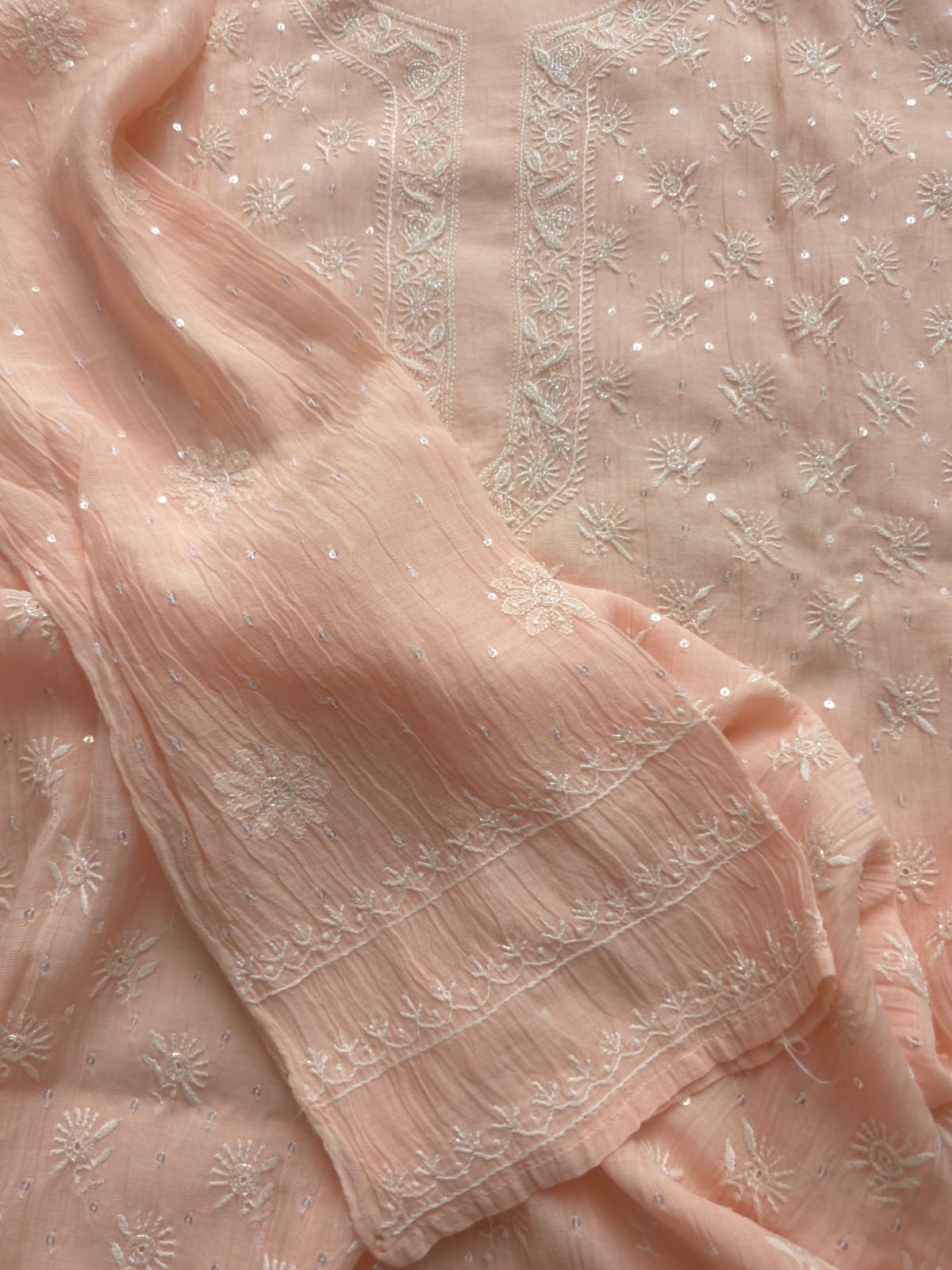 Pastel Peach Mul chanderi kurta dupatta set with chikan and add on