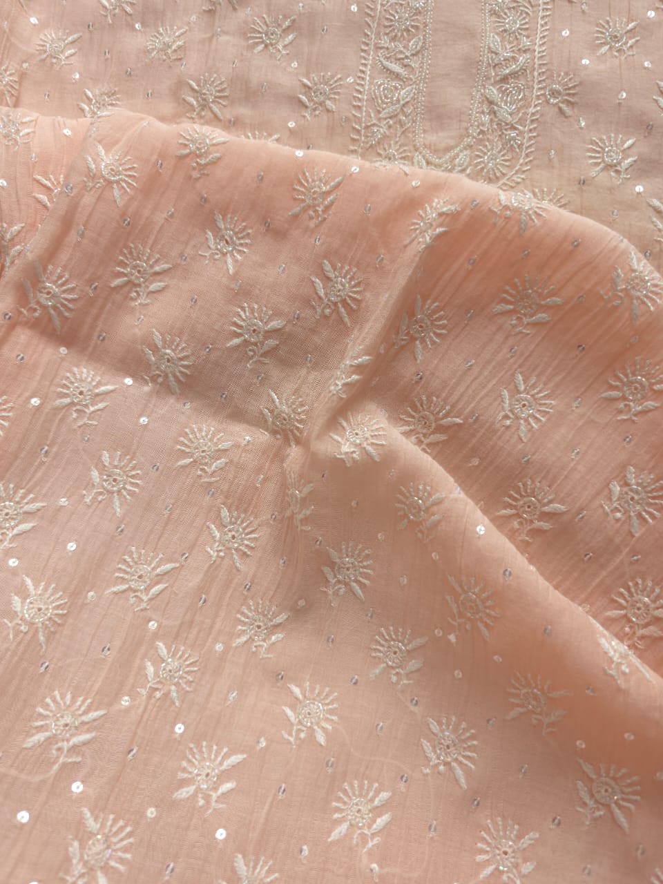 Pastel Peach Mul chanderi kurta dupatta set with chikan and add on