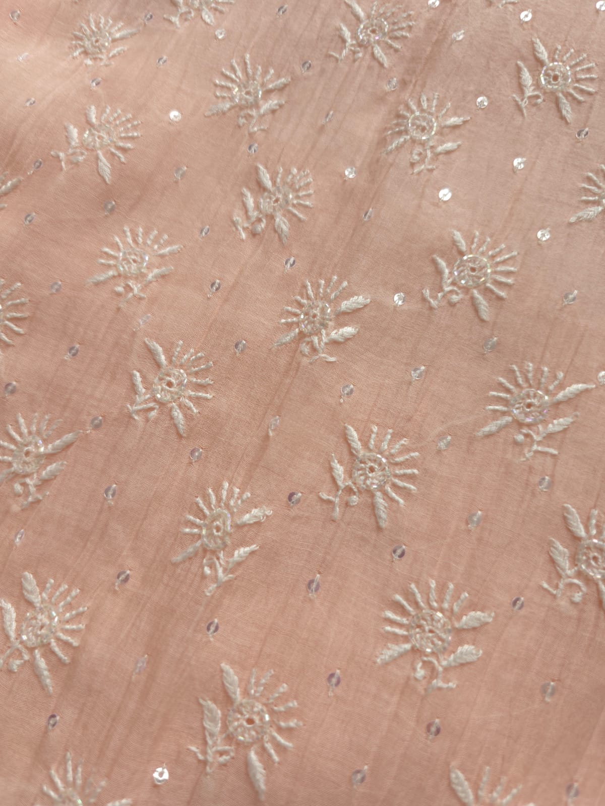 Pastel Peach Mul chanderi kurta dupatta set with chikan and add on