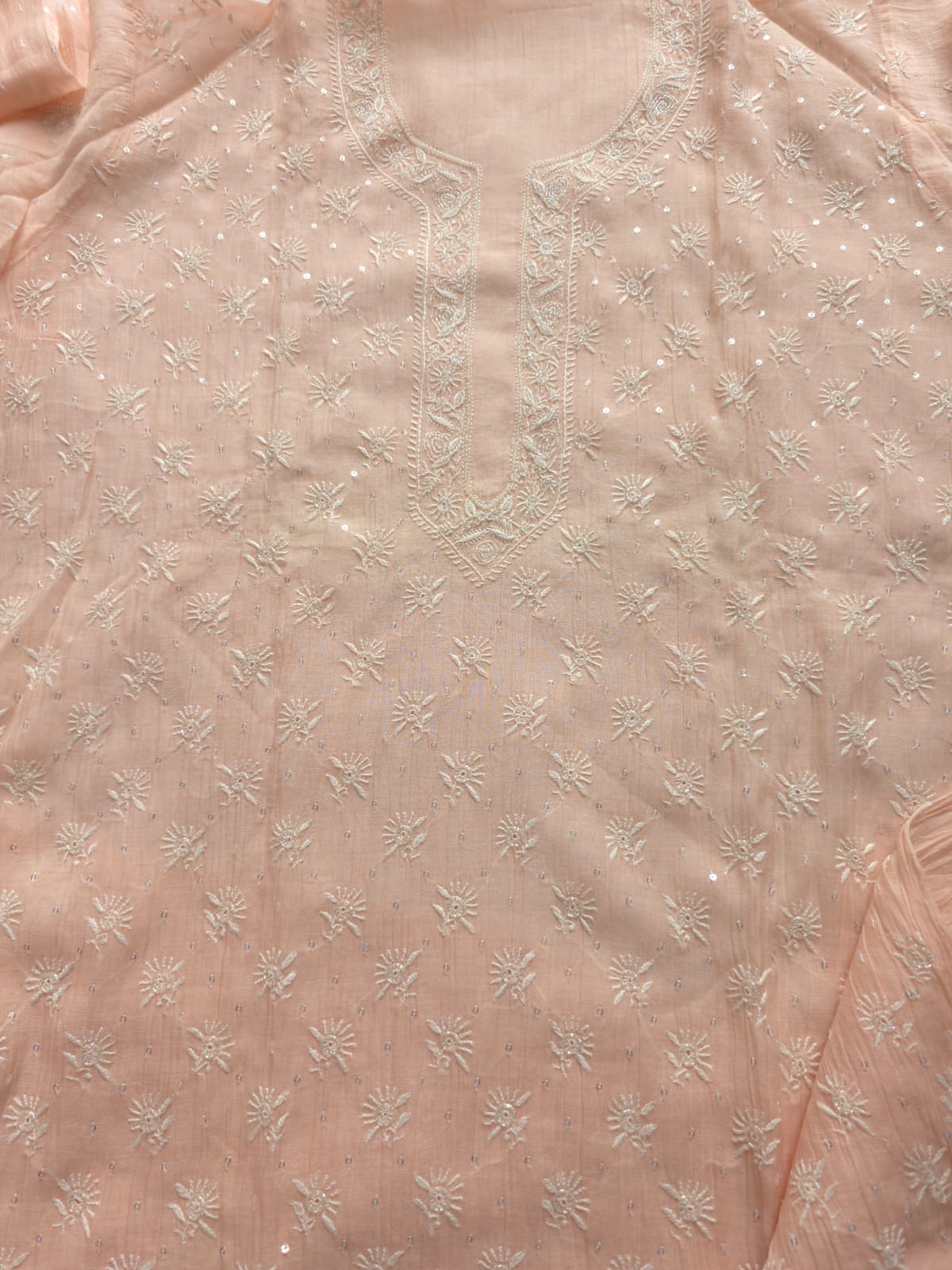 Pastel Peach Mul chnaderi kurta dupatta seti with chikan and add on