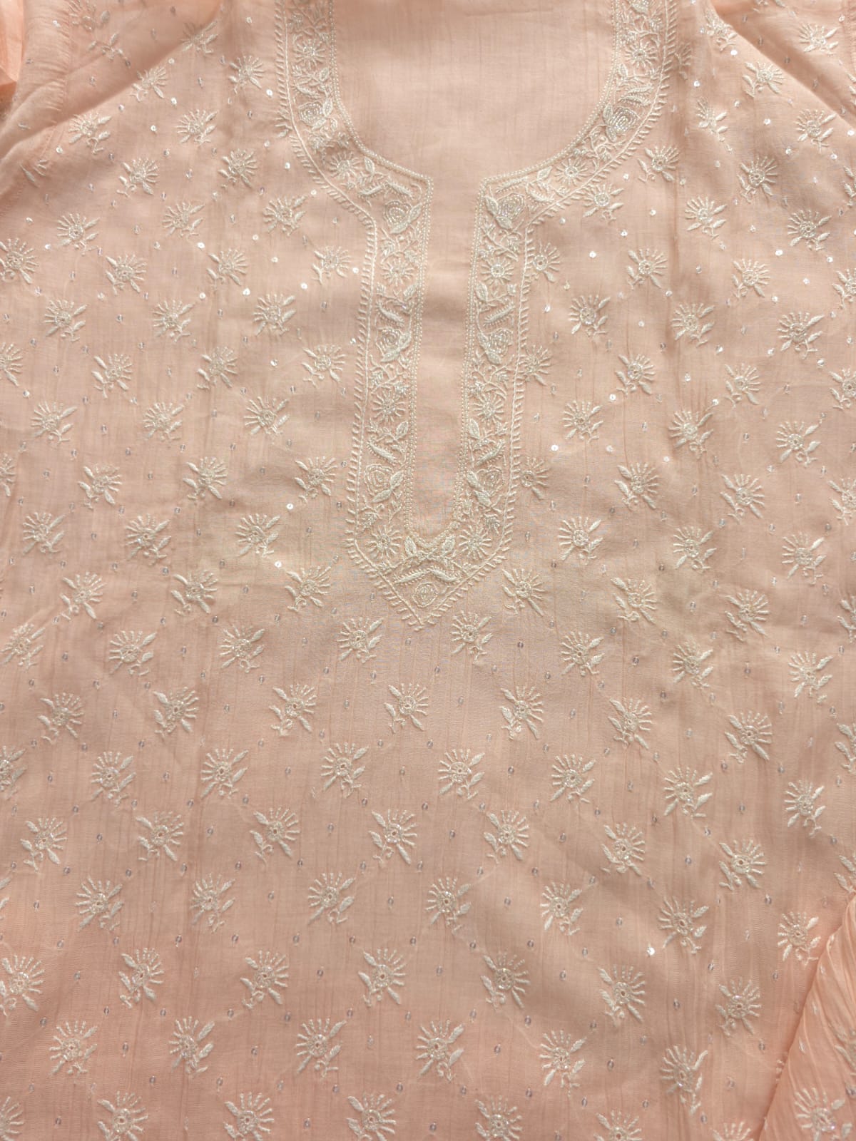 Pastel Peach Mul chanderi kurta dupatta set with chikan and add on