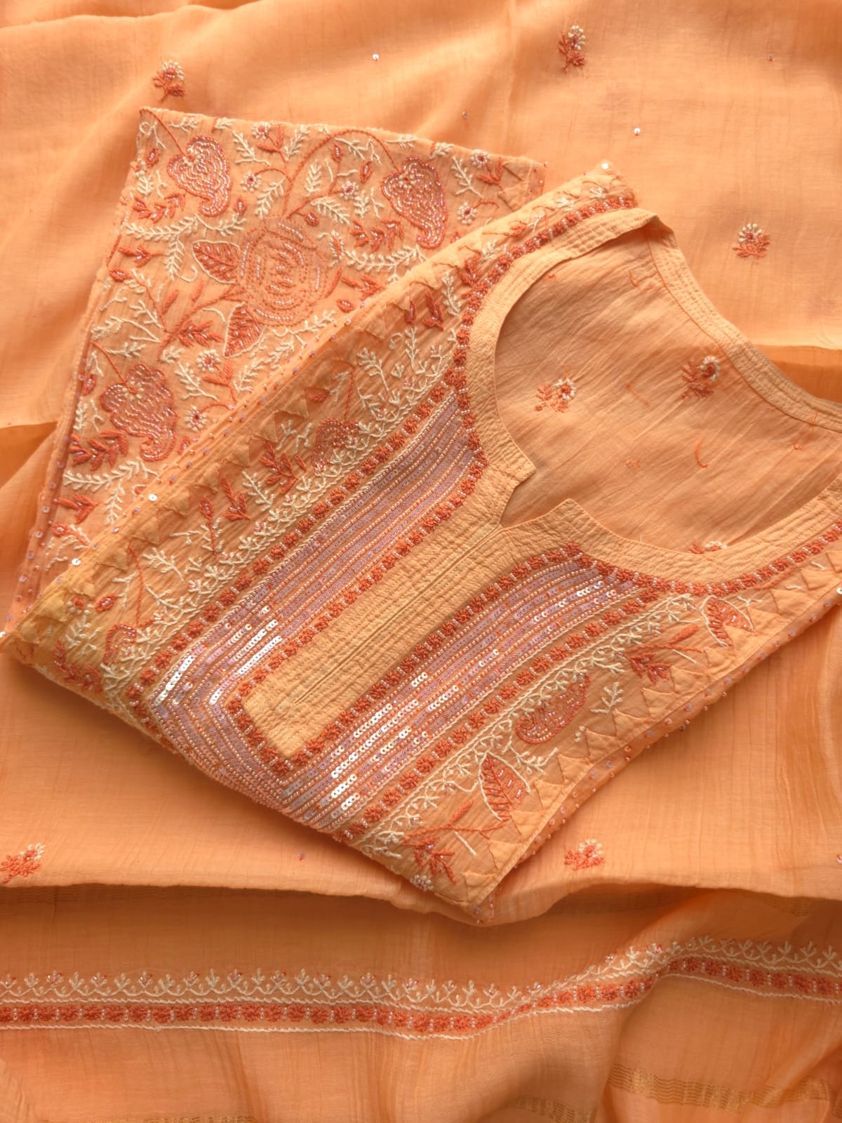 Peach Orange combination Mul chanderi kurta dupatta with add on