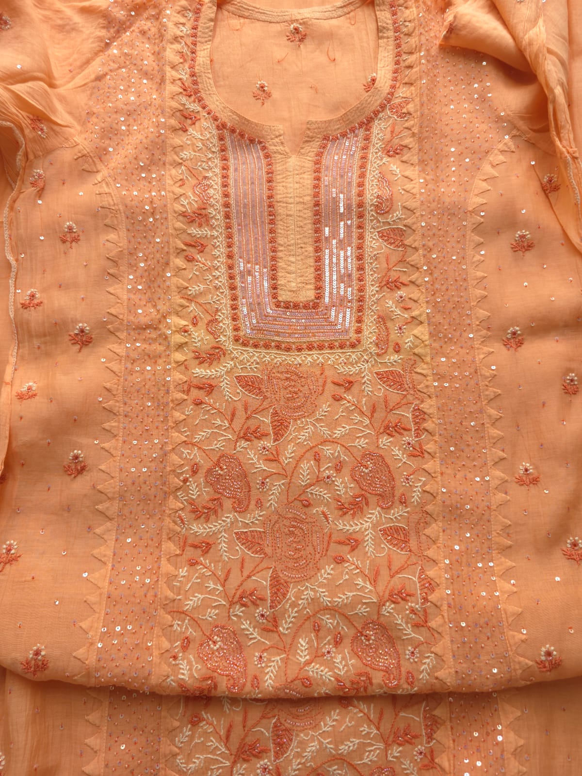 Peach Orange combination Mul chanderi kurta dupatta with add on