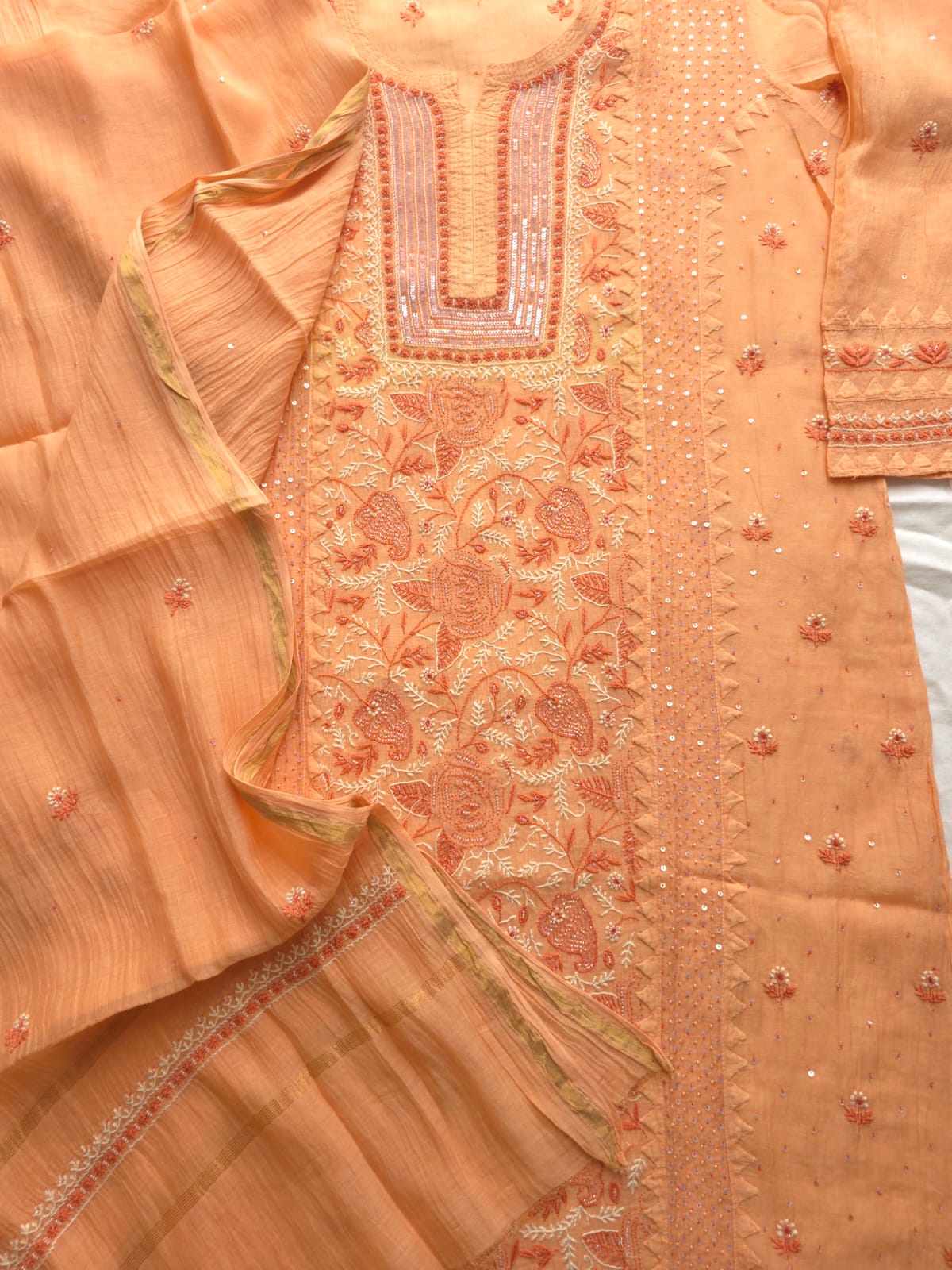 Peach Orange combination Mul chanderi kurta dupatta with add on