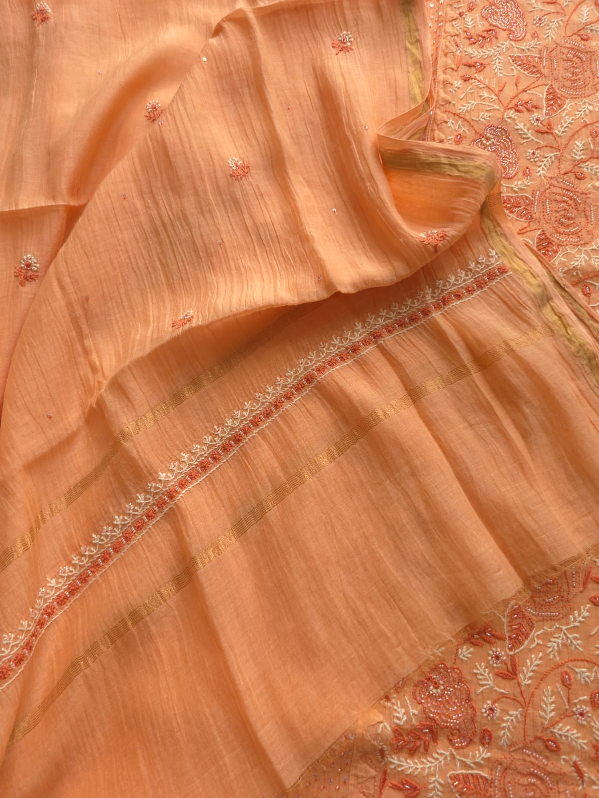 Peach Orange combination Mul chanderi kurta dupatta with add on