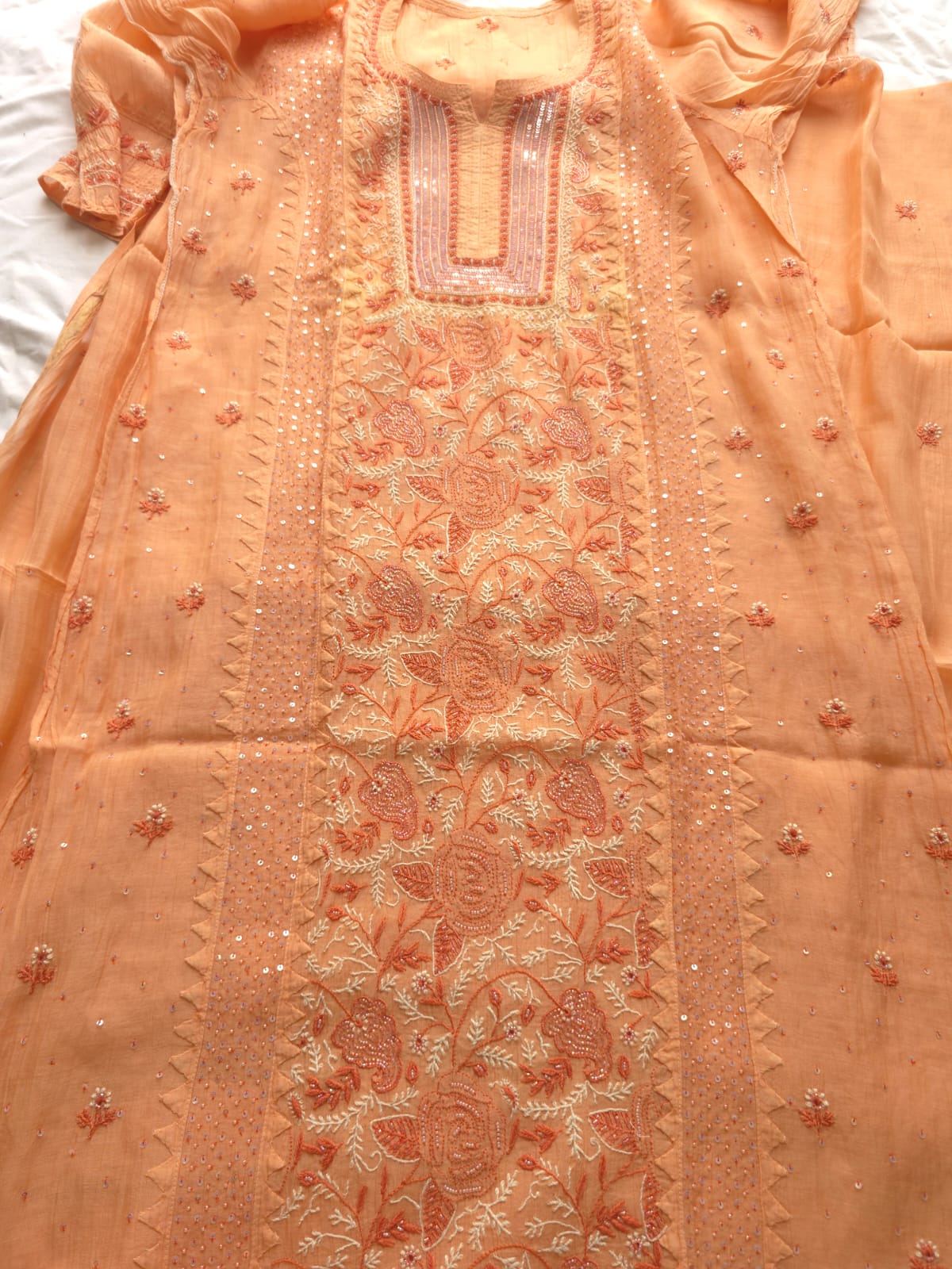 Peach Orange combination Mul chanderi kurta dupatta with add on
