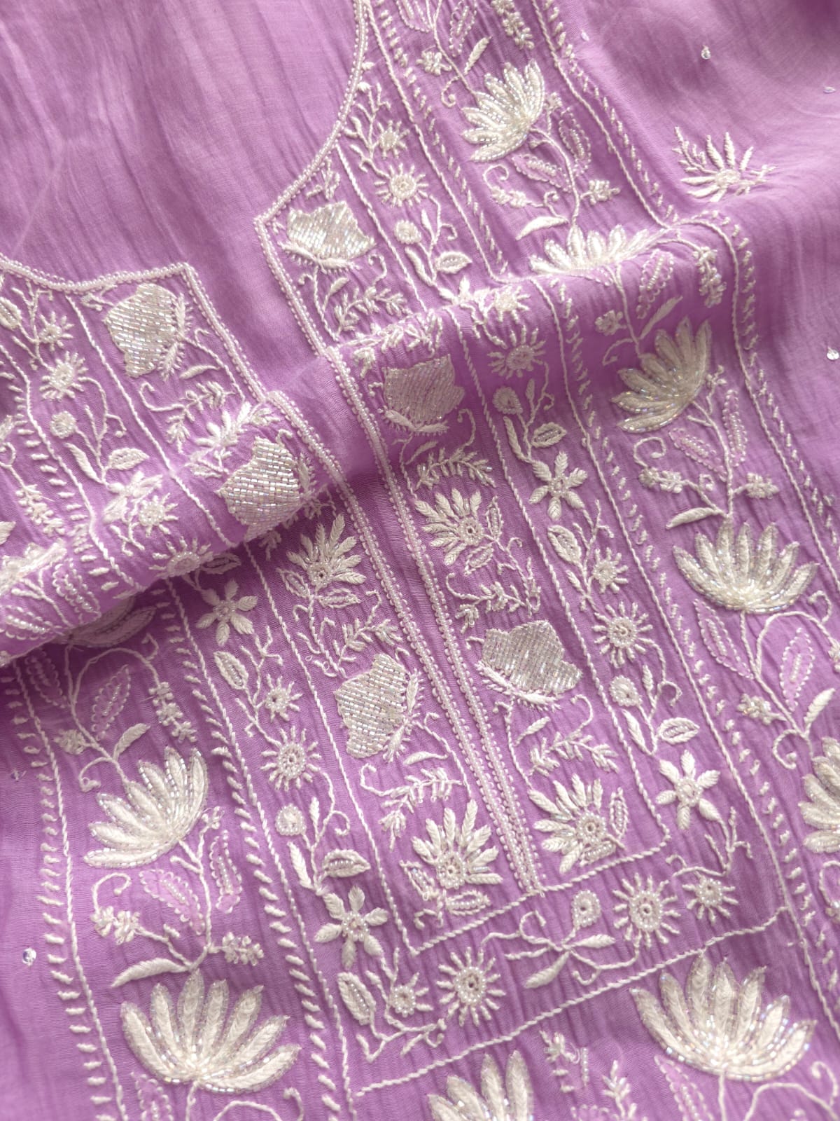 Lavender Mul Chanderi Kurta dupatta with chaikankari and embellishments