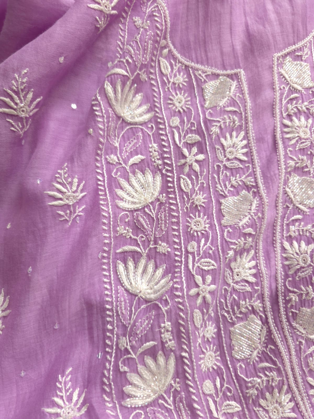 Lavender Mul Chanderi Kurta dupatta with chaikankari and embellishments