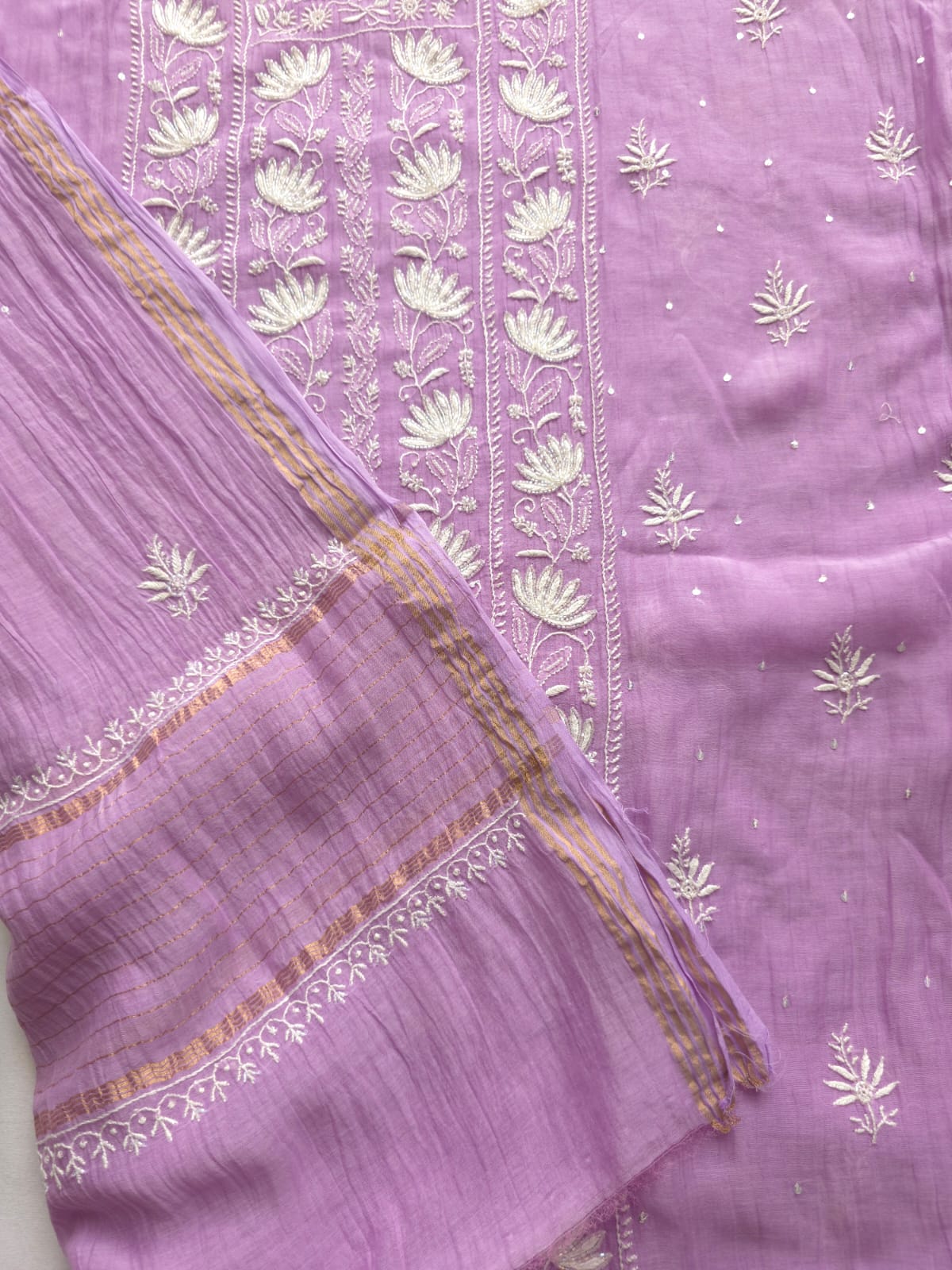 Lavender Mul Chanderi Kurta dupatta with chaikankari and embellishments