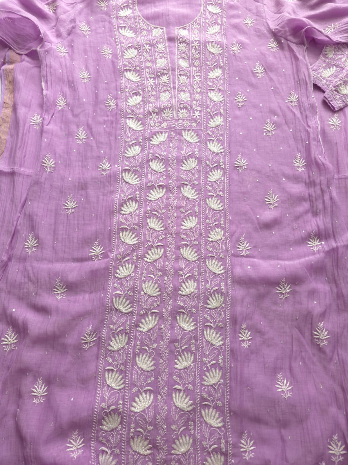 Lavender Mul Chanderi Kurta dupatta with chaikankari and embellishments