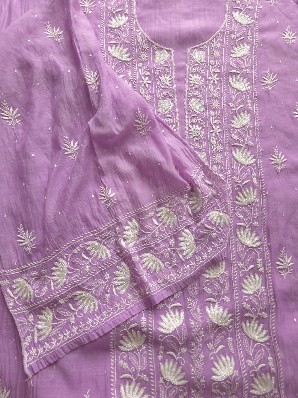 Lavender Mul Chanderi Kurta dupatta with chaikankari and embellishments