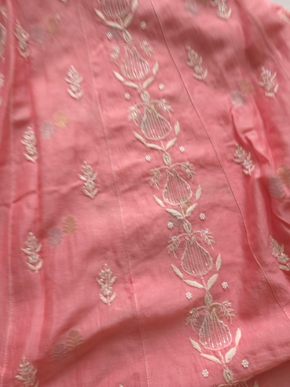 Chanderi silk Strawberry Pink Kalidar Co ord set with cutdana pearl