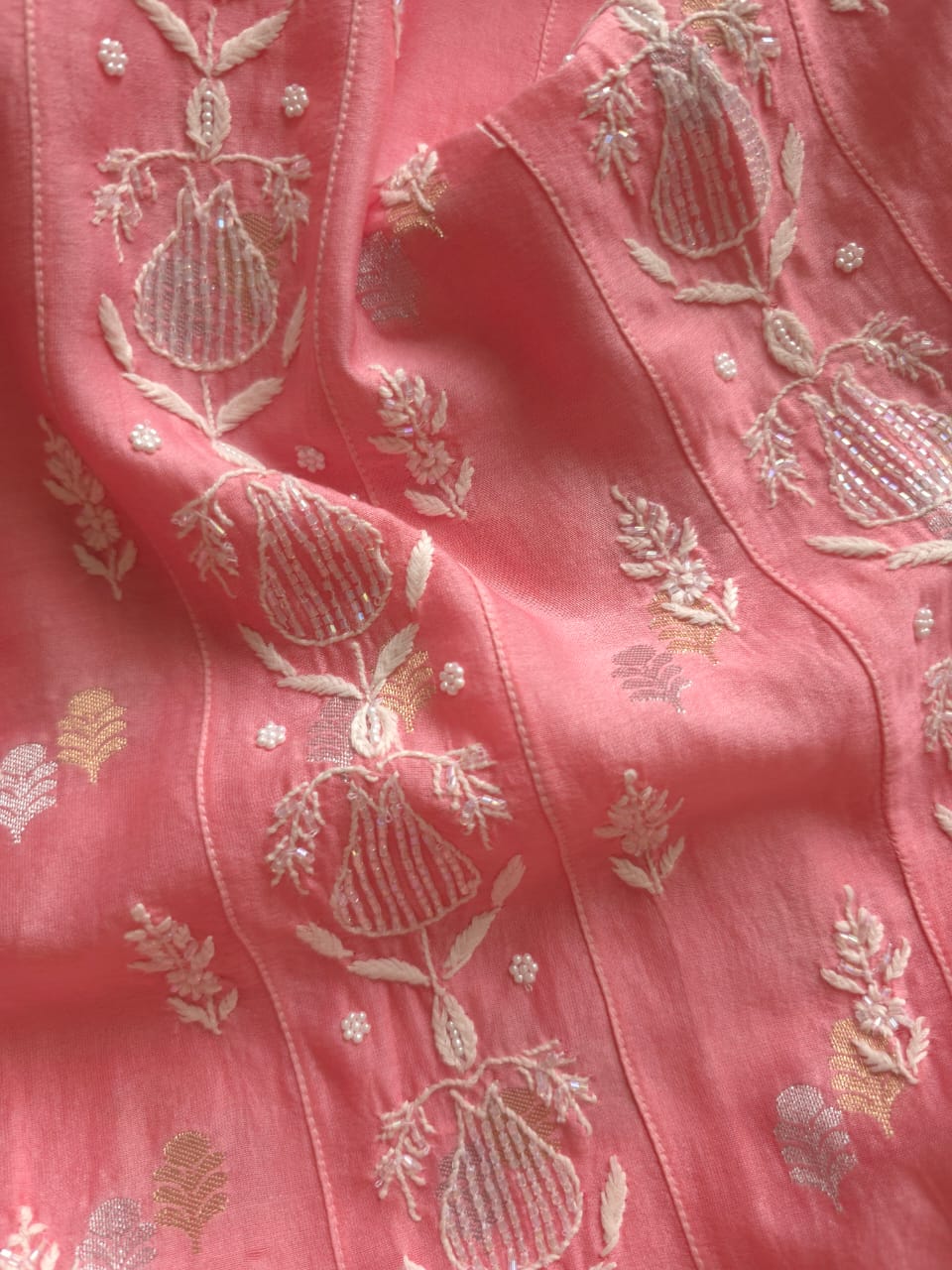 Chanderi silk Strawberry Pink Kalidar Co ord set with cutdana pearl