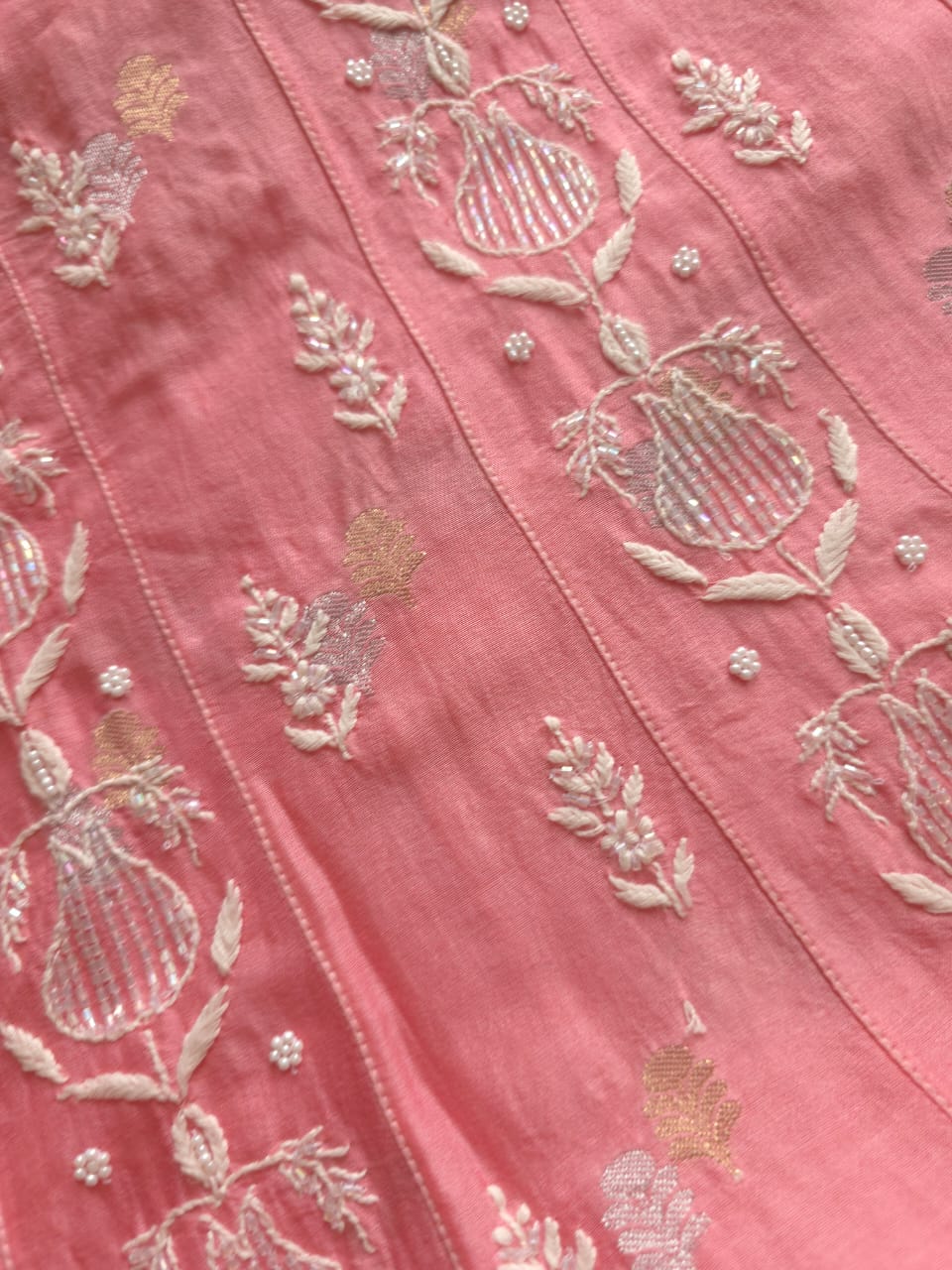 Chanderi silk Strawberry Pink Kalidar Co ord set with cutdana pearl