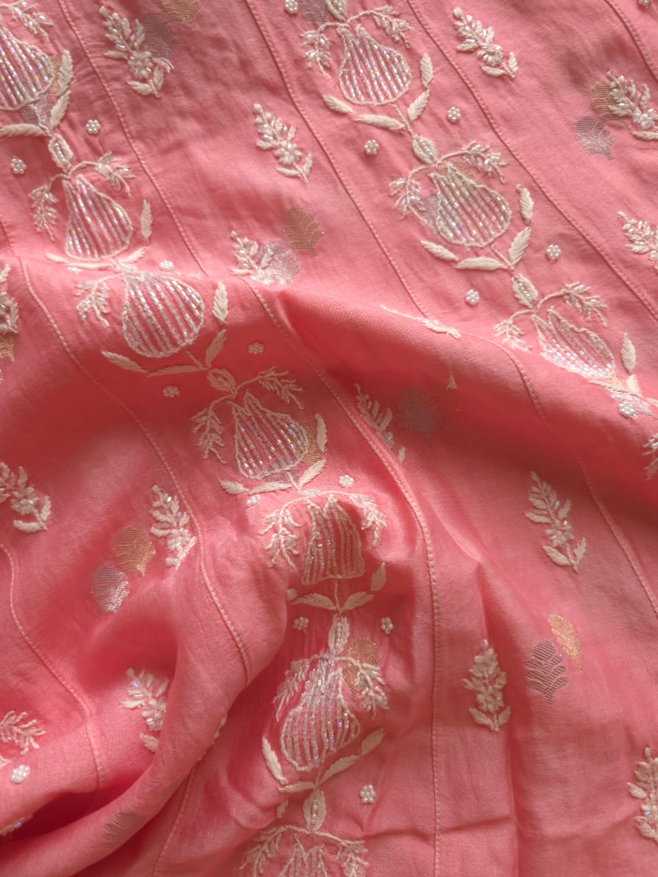 Chanderi silk Strawberry Pink Kalidar Co ord set with cutdana pearl