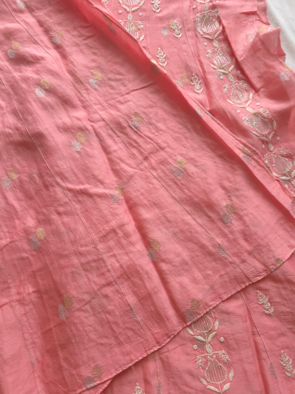 Chanderi silk Strawberry Pink Kalidar Co ord set with cutdana pearl