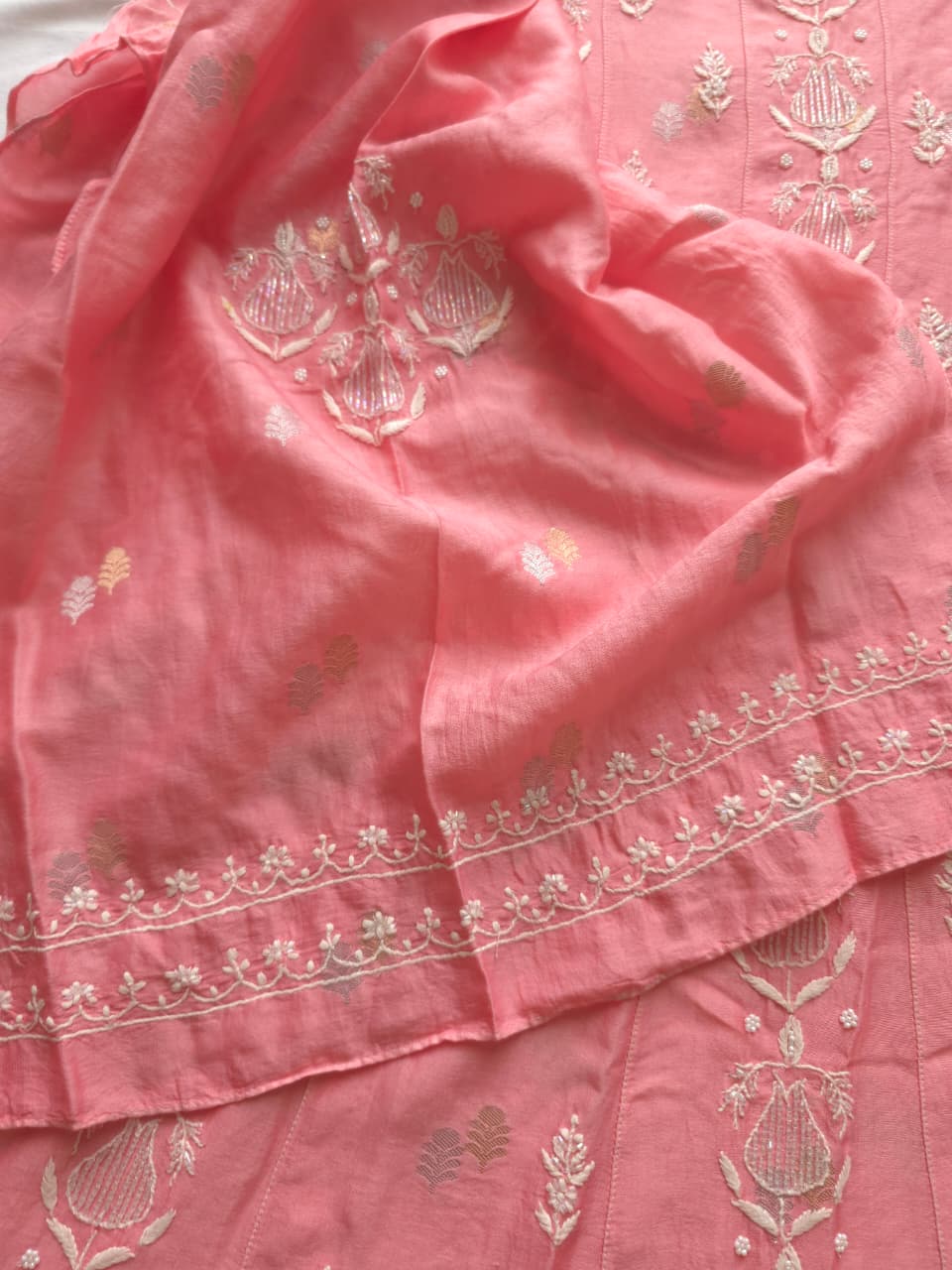 Chanderi silk Strawberry Pink Kalidar Co ord set with cutdana pearl