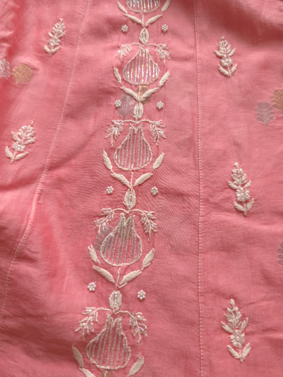 Chanderi silk Strawberry Pink Kalidar Co ord set with cutdana pearl