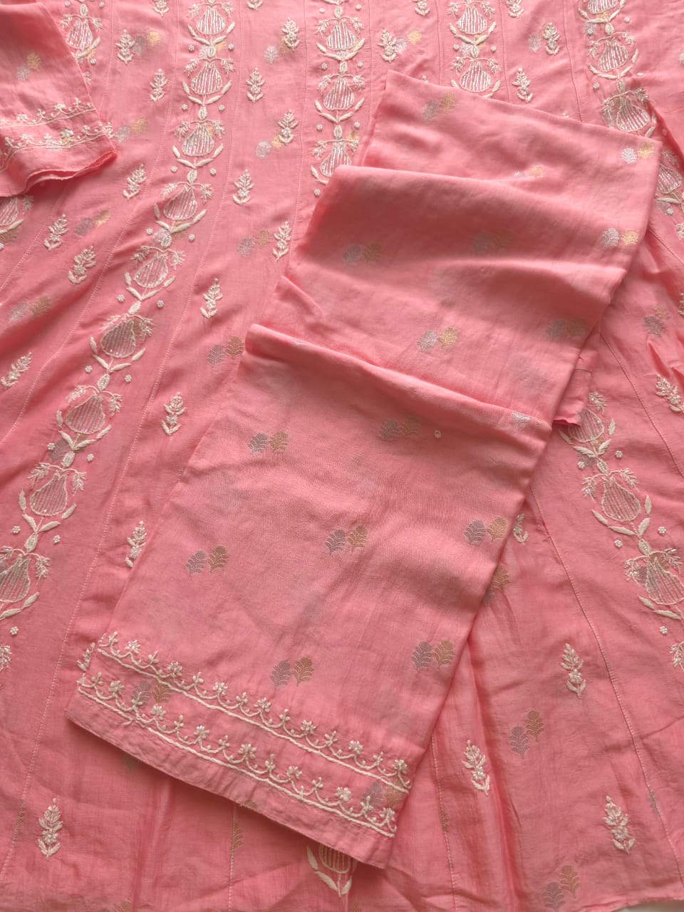 Chanderi silk Strawberry Pink Kalidar Co ord set with cutdana pearl