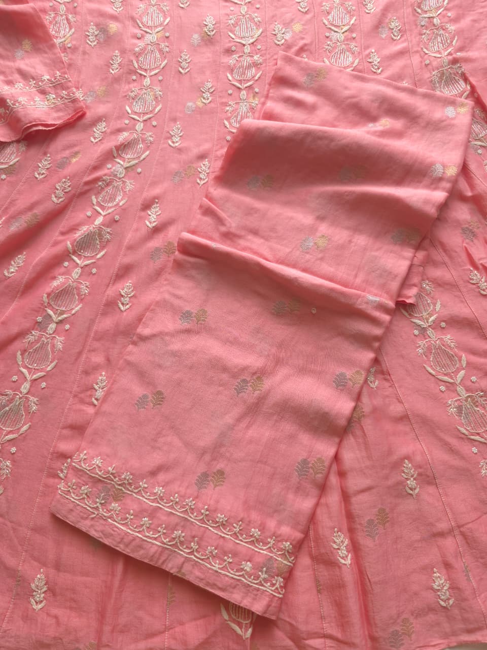 Chanderi silk Strawberry Pink Kalidar Co ord set with cutdana pearl