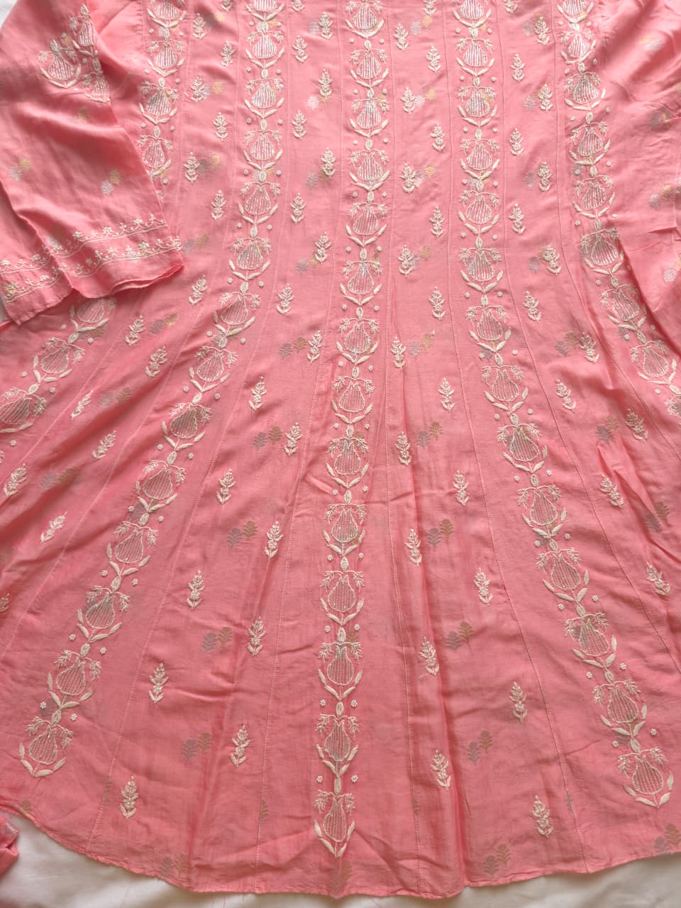 Chanderi silk Strawberry Pink Kalidar Co ord set with cutdana pearl
