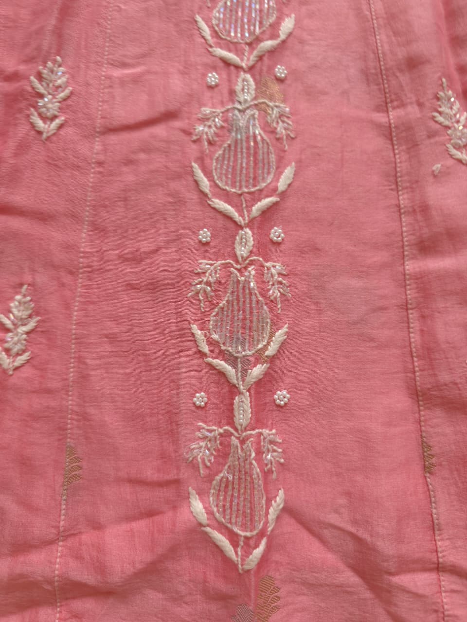 Chanderi silk Strawberry Pink Kalidar Co ord set with cutdana pearl