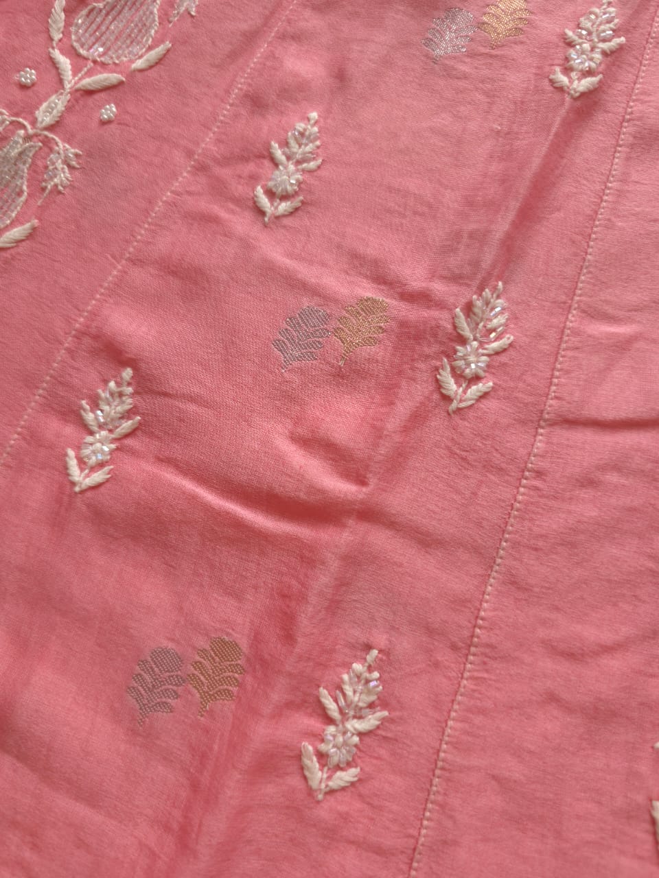 Chanderi silk Strawberry Pink Kalidar Co ord set with cutdana pearl