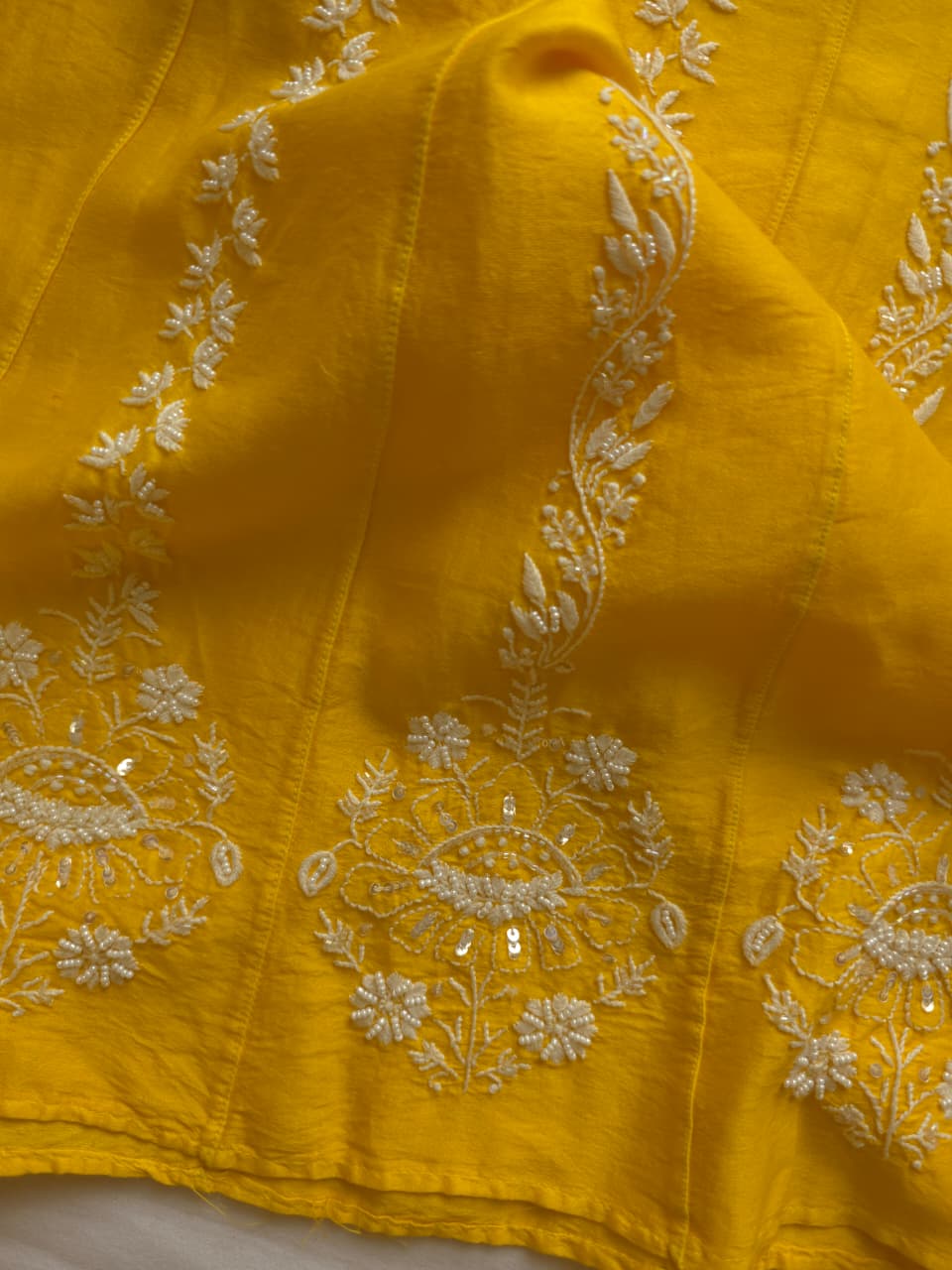 Mango Yellow chanderi silk Kalidar Co ord set with lucknowi work and embellishments