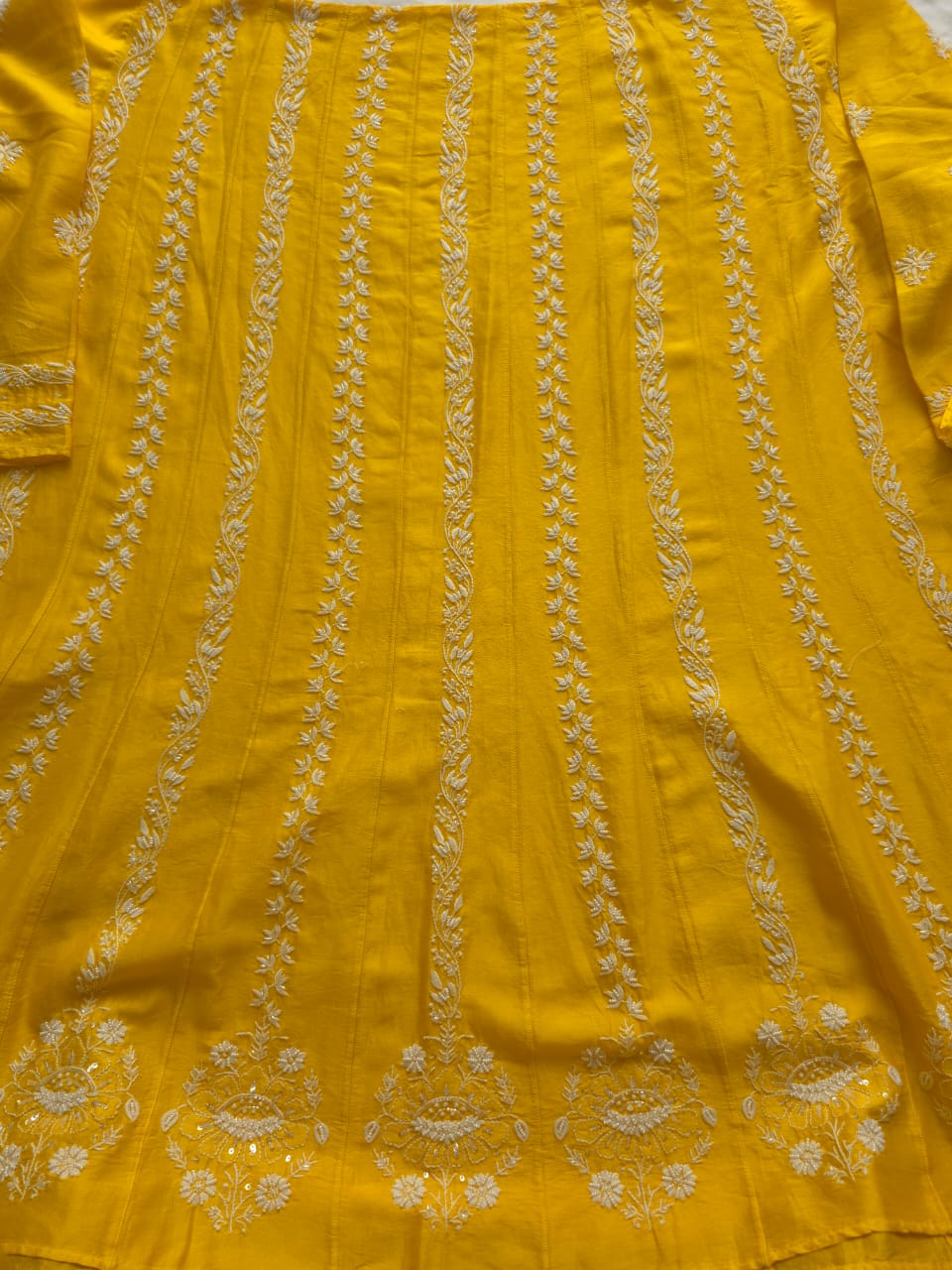 Mango Yellow chanderi silk Kalidar Co ord set with lucknowi work and embellishments
