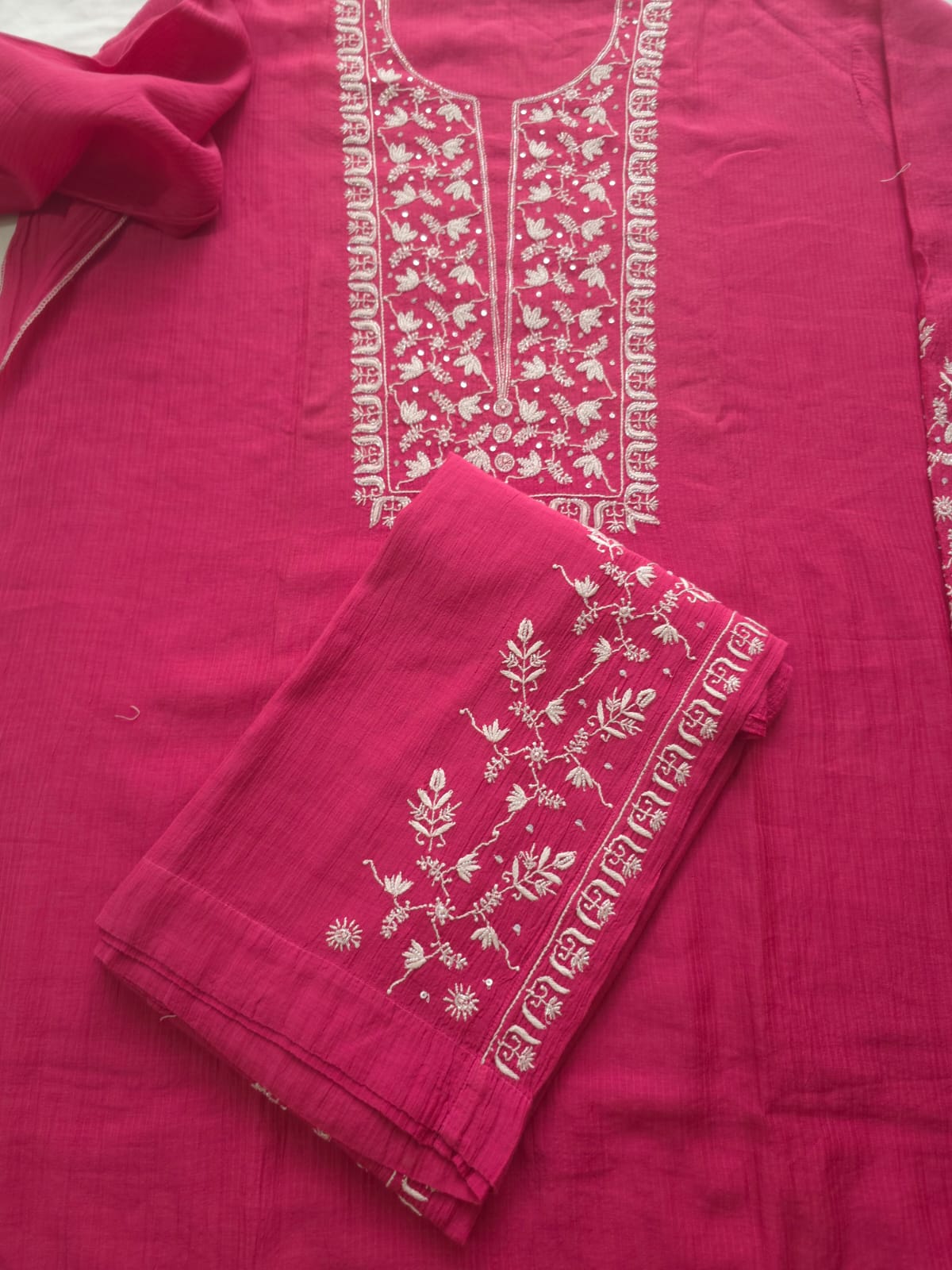 Maheshwari Chanderi Semistitched Co ord set with pearl cutdana