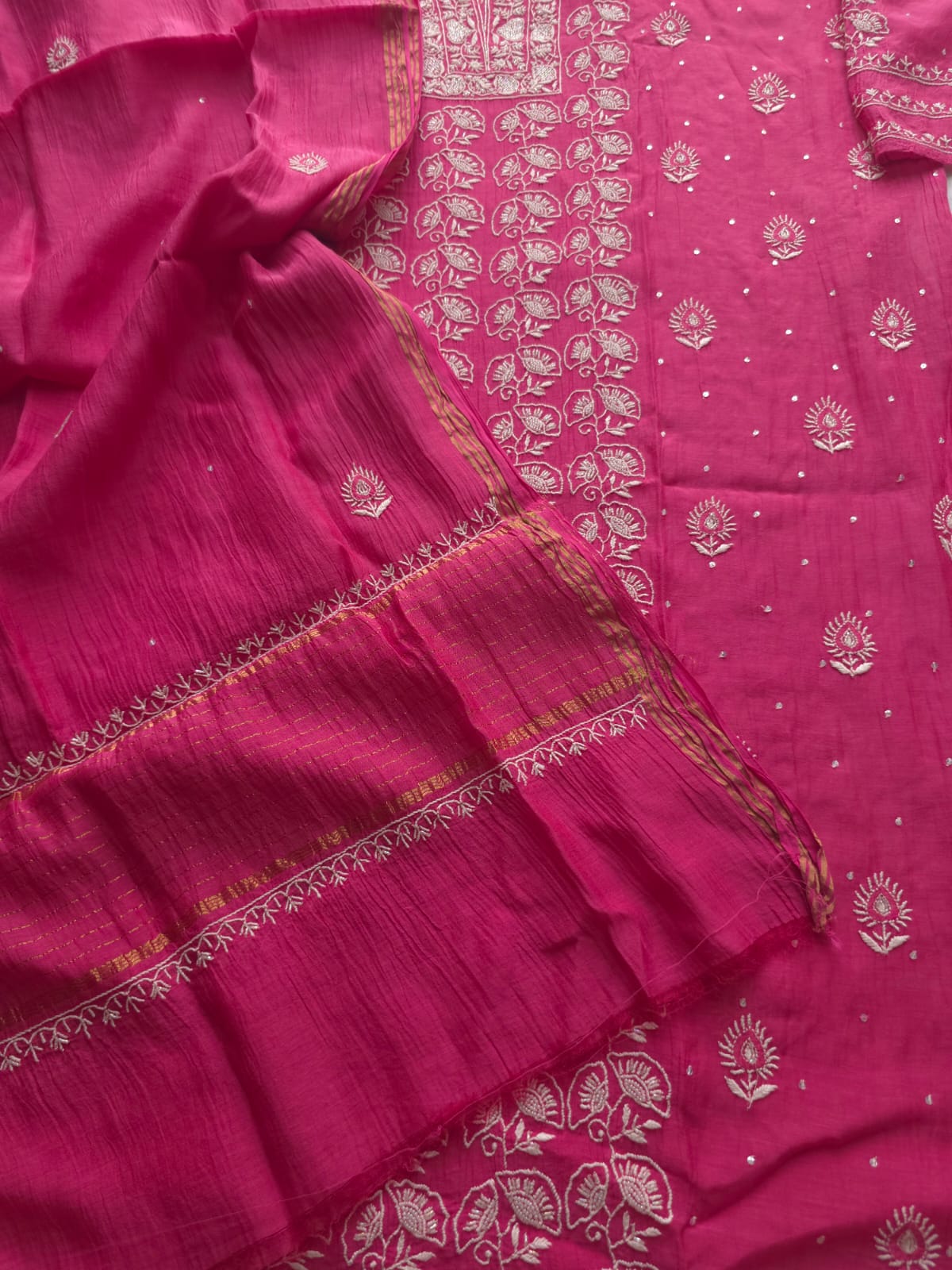 Fuschia Mul chanderi Semistitched Kurta dupatta with lucknowi work and add on