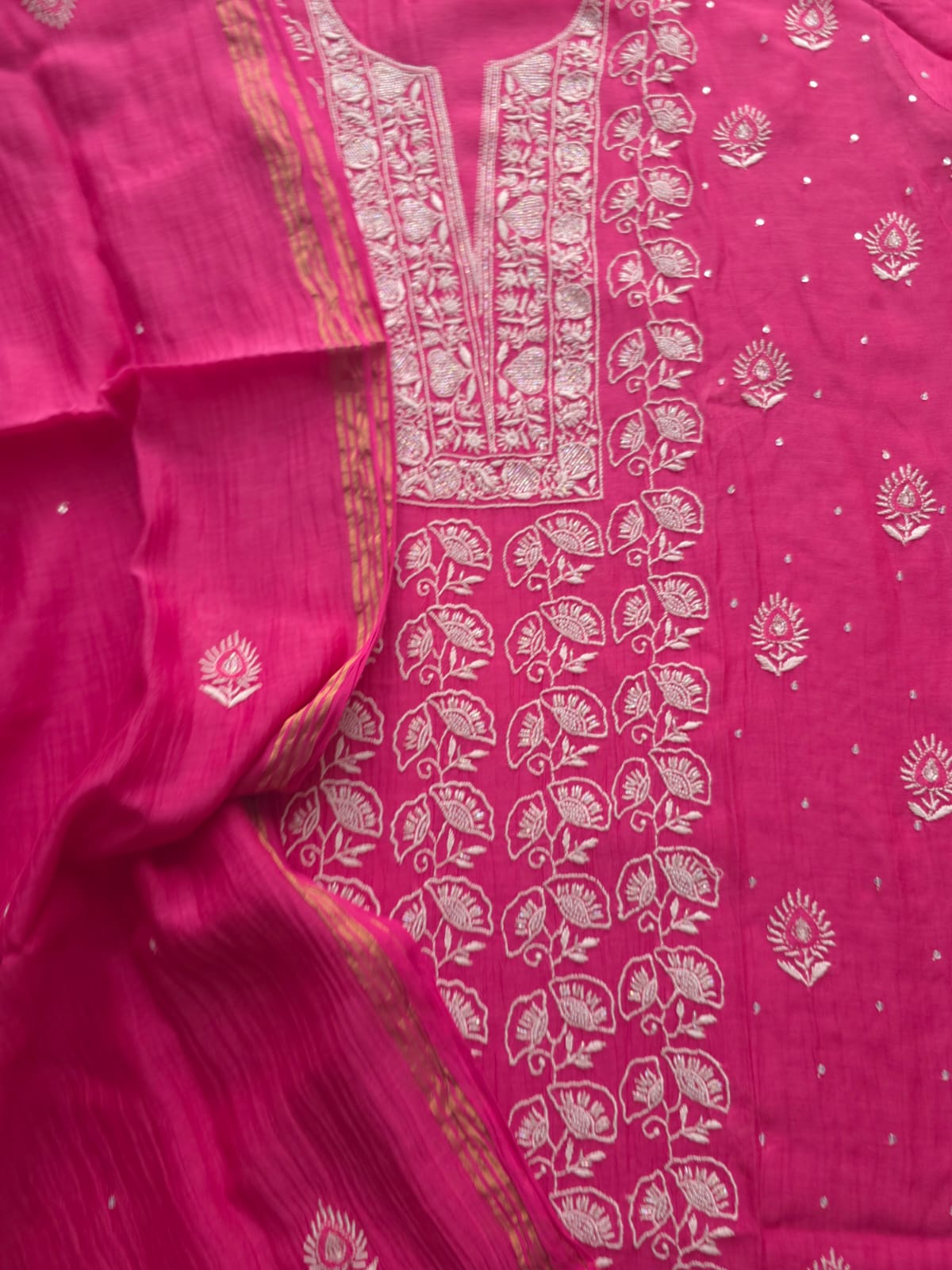 Fuschia Mul chanderi Semistitched Kurta dupatta with lucknowi work and add on