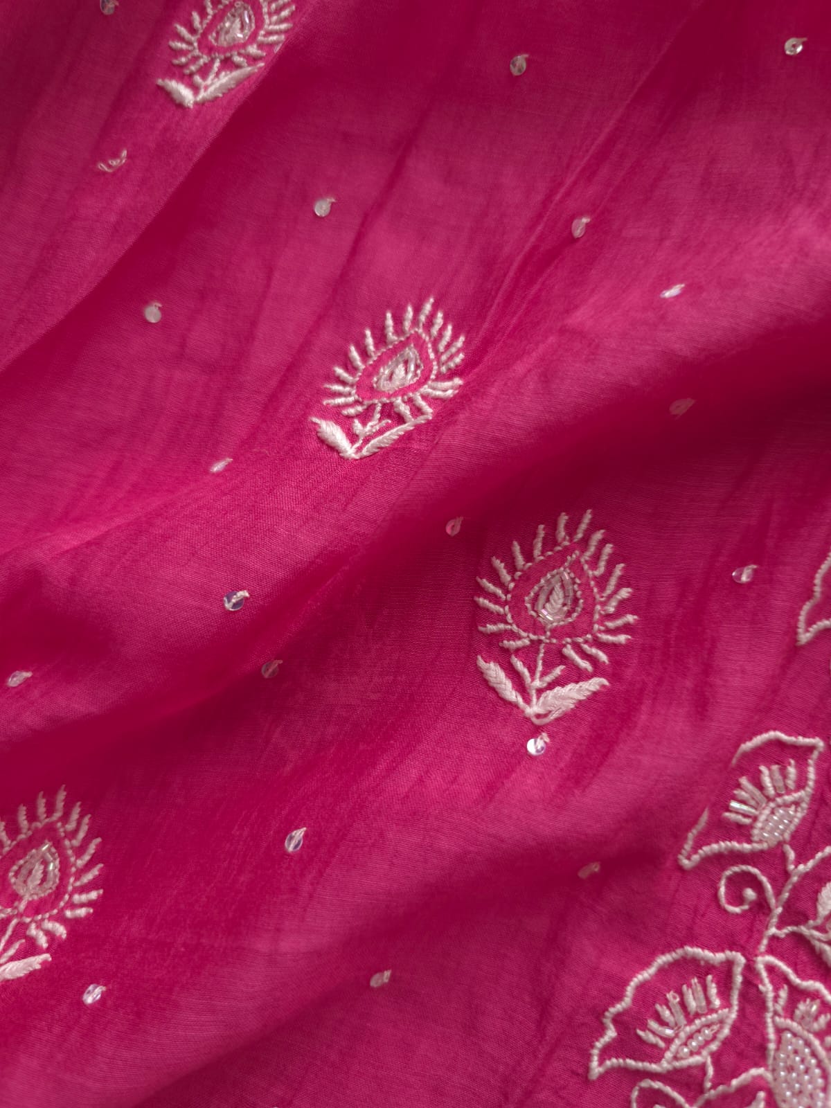 Fuschia Mul chanderi Semistitched Kurta dupatta with lucknowi work and add on