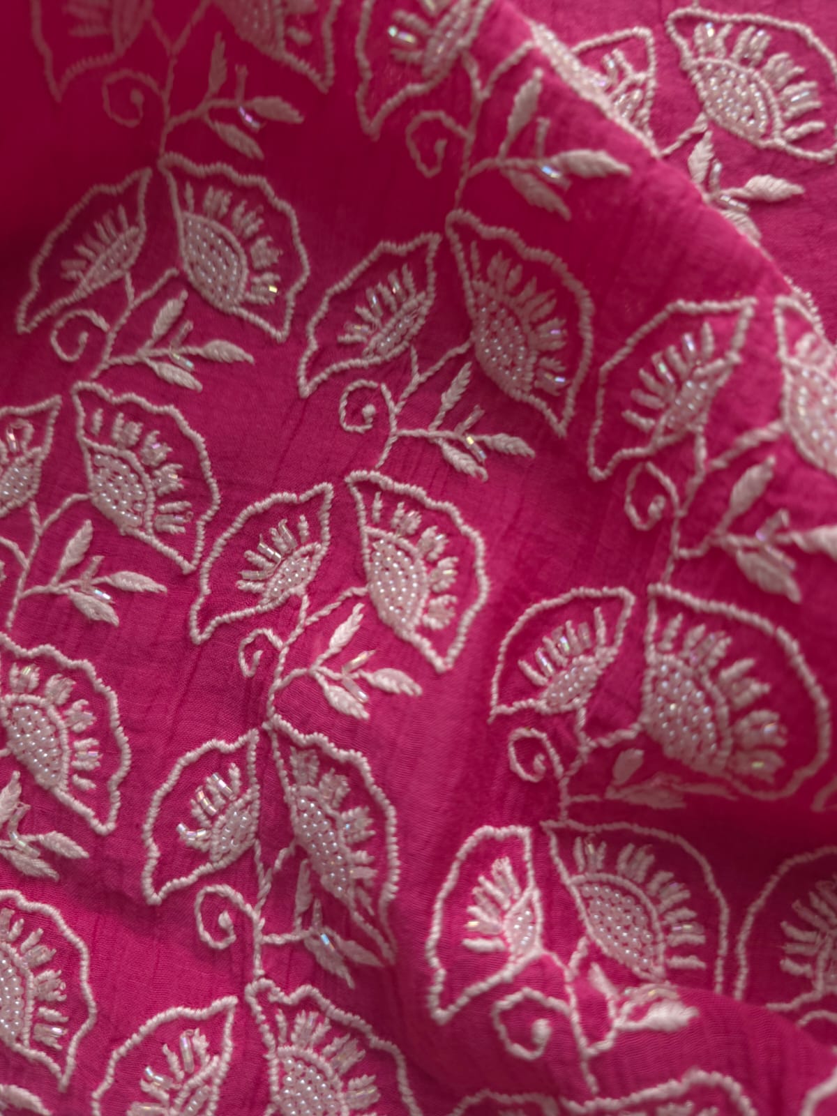 Fuschia Mul chanderi Semistitched Kurta dupatta with lucknowi work and add on