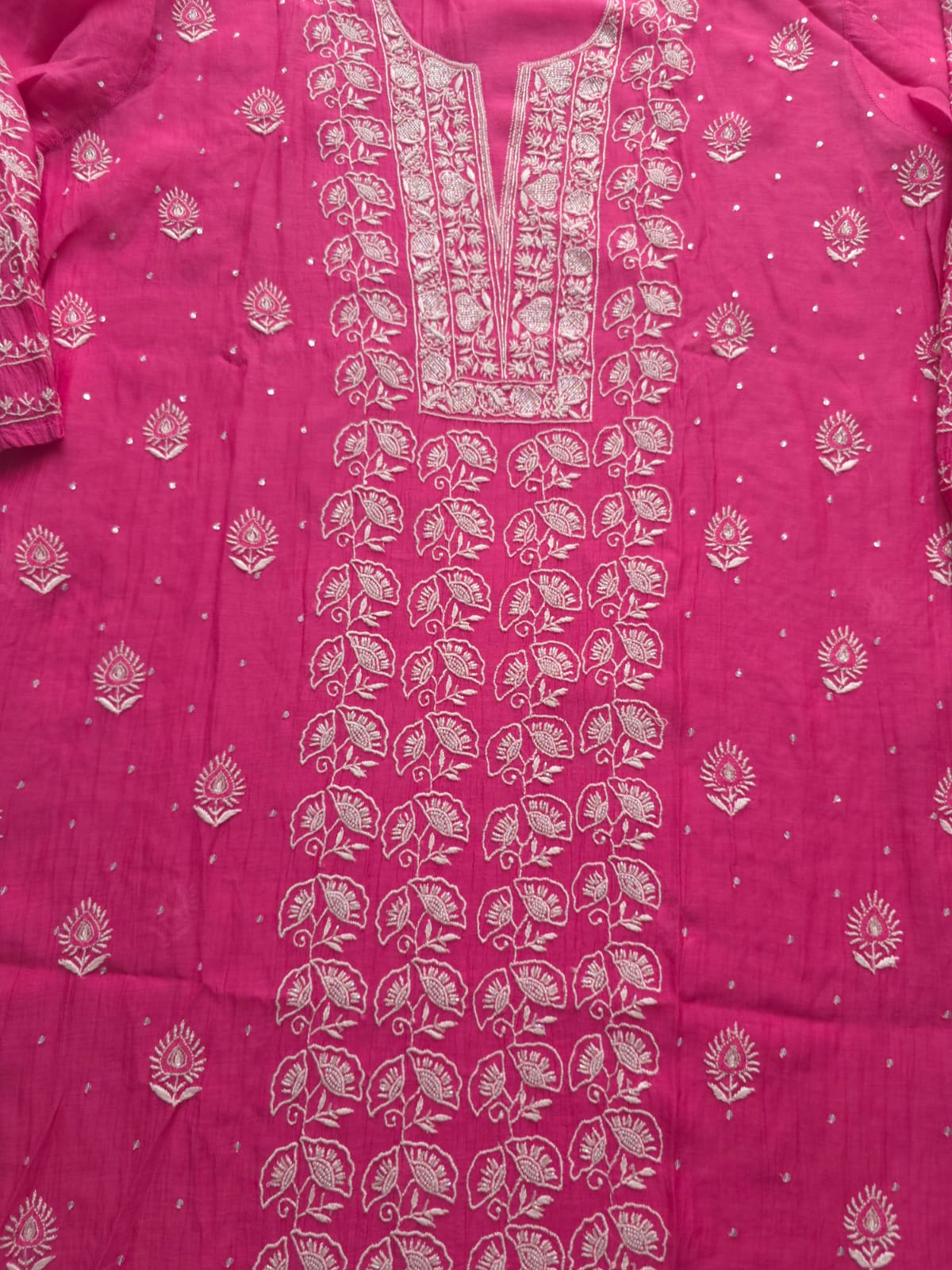 Fuschia Mul chanderi Semistitched Kurta dupatta with lucknowi work and add on