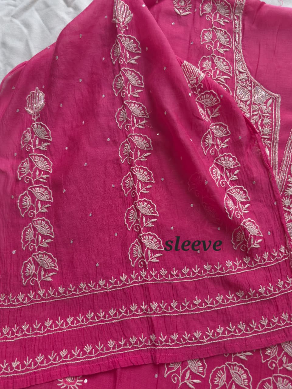 Fuschia Mul chanderi Semistitched Kurta dupatta with lucknowi work and add on