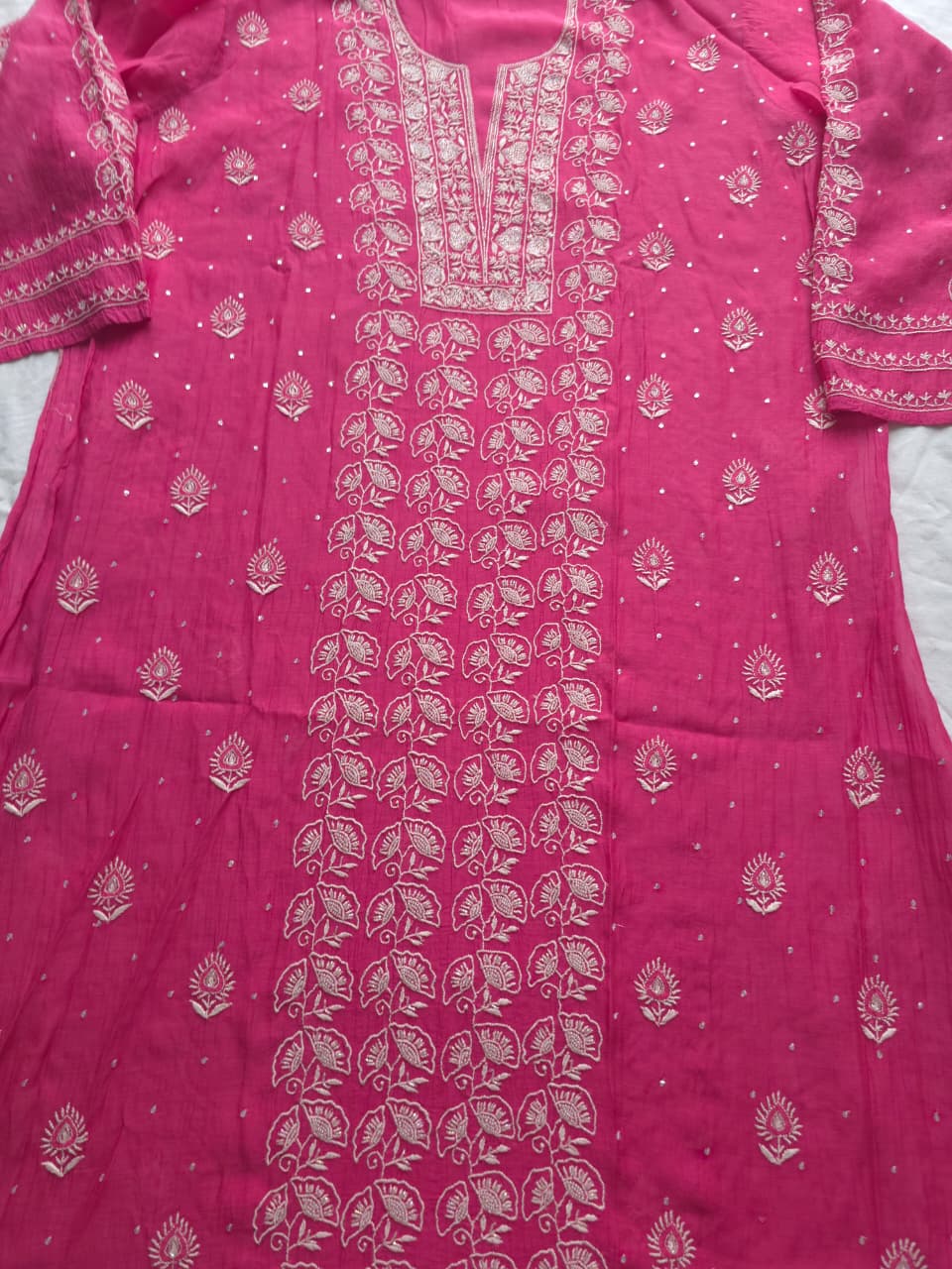 Fuschia Mul chanderi Semistitched Kurta dupatta with lucknowi work and add on