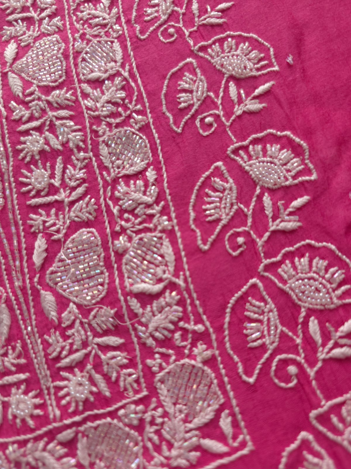 Fuschia Mul chanderi Semistitched Kurta dupatta with lucknowi work and add on