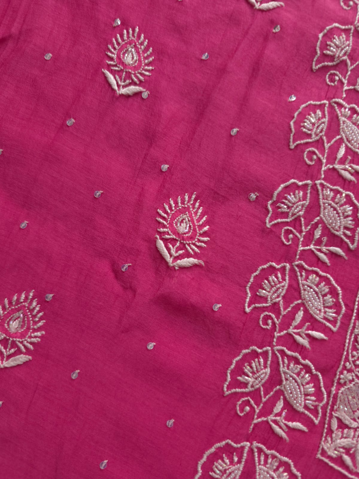 Fuschia Mul chanderi Semistitched Kurta dupatta with lucknowi work and add on