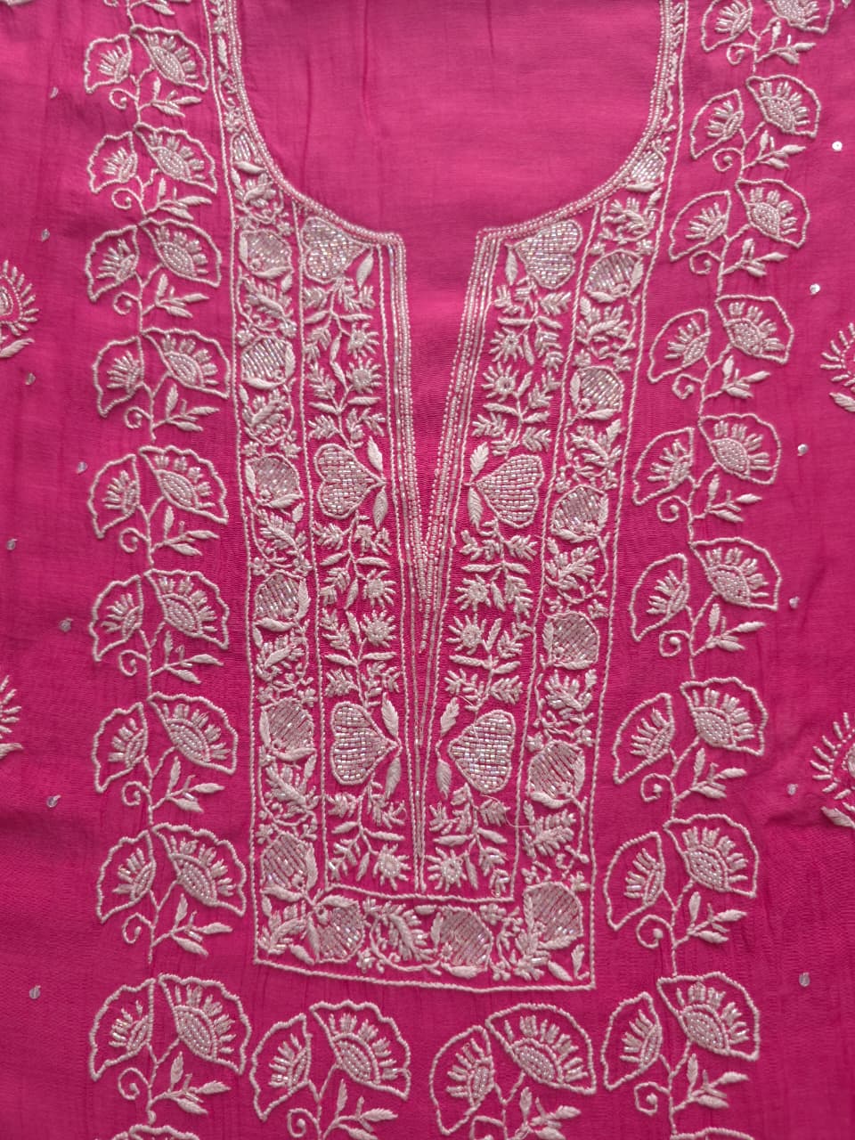 Fuschia Mul chanderi Semistitched Kurta dupatta with lucknowi work and add on