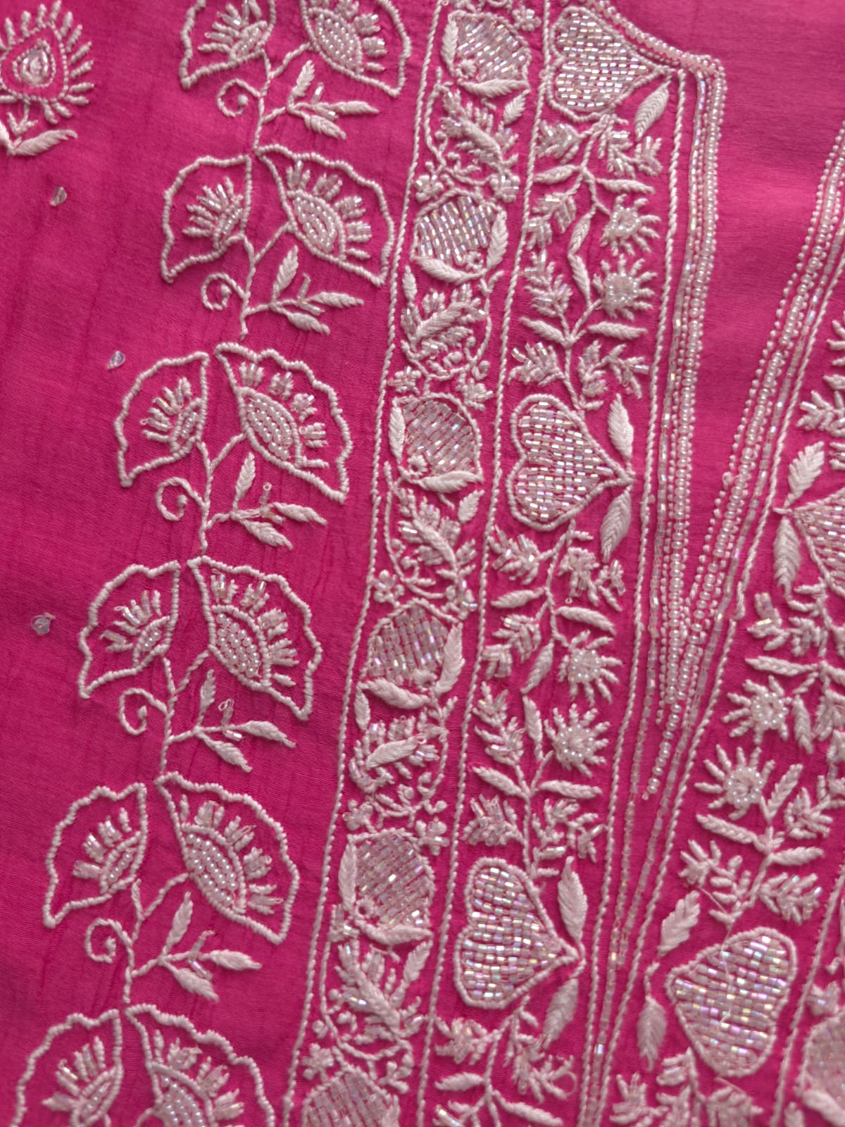 Fuschia Mul chanderi Semistitched Kurta dupatta with lucknowi work and add on