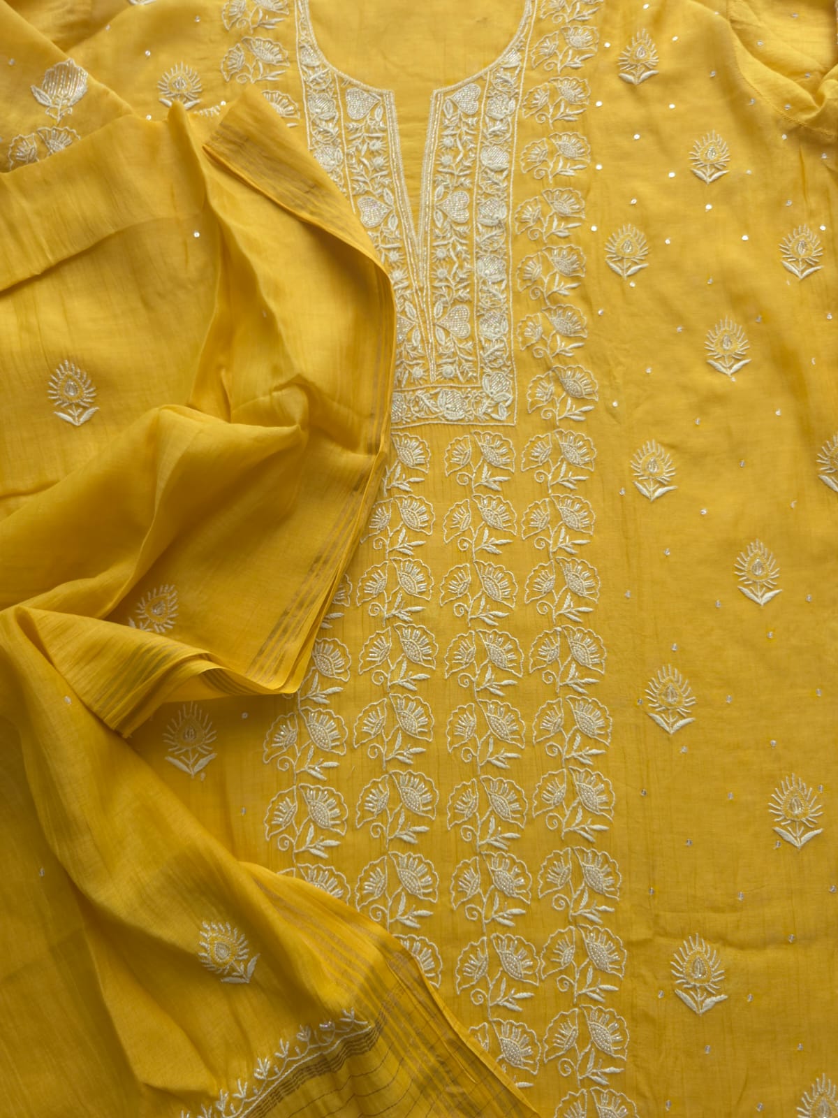 Yellow Mul chanderi Semistitched Kurta dupatta with lucknowi work and add on
