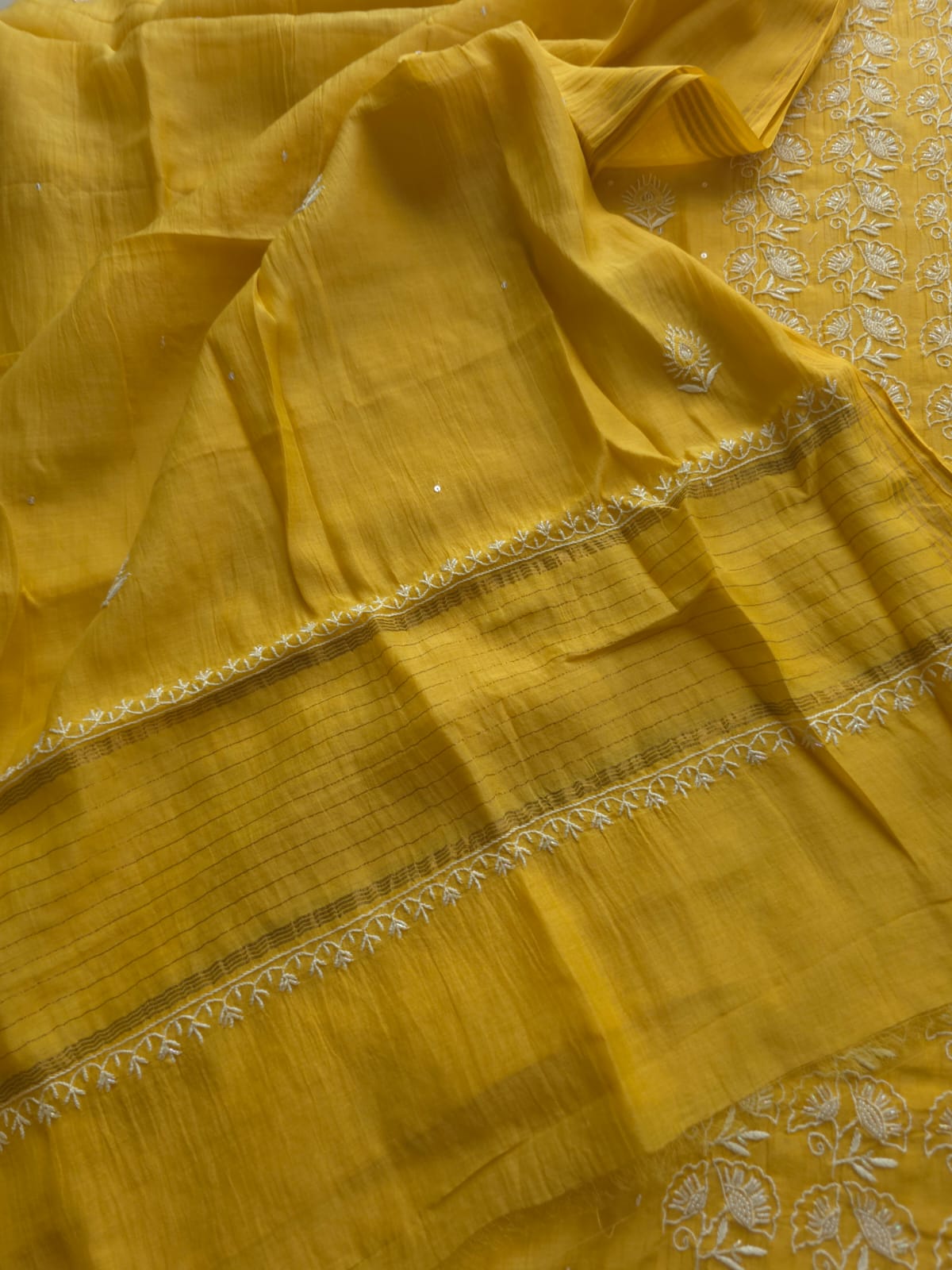 Yellow Mul chanderi Semistitched Kurta dupatta with lucknowi work and add on