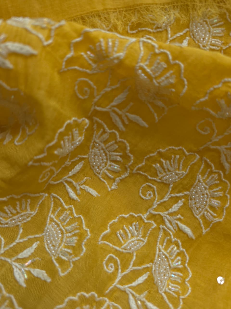 Yellow Mul chanderi Semistitched Kurta dupatta with lucknowi work and add on